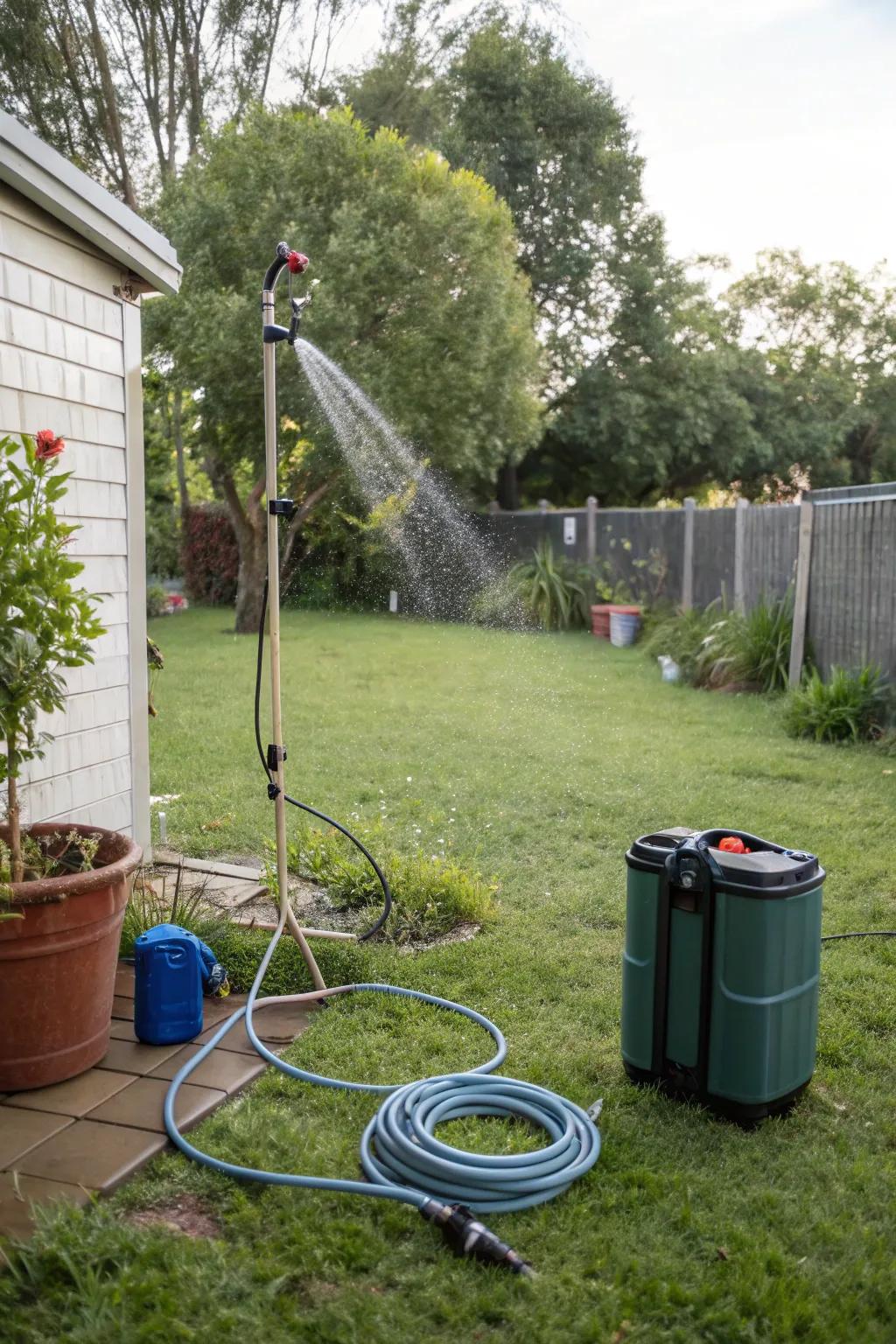 A simple garden sprayer turned into a functional portable shower.