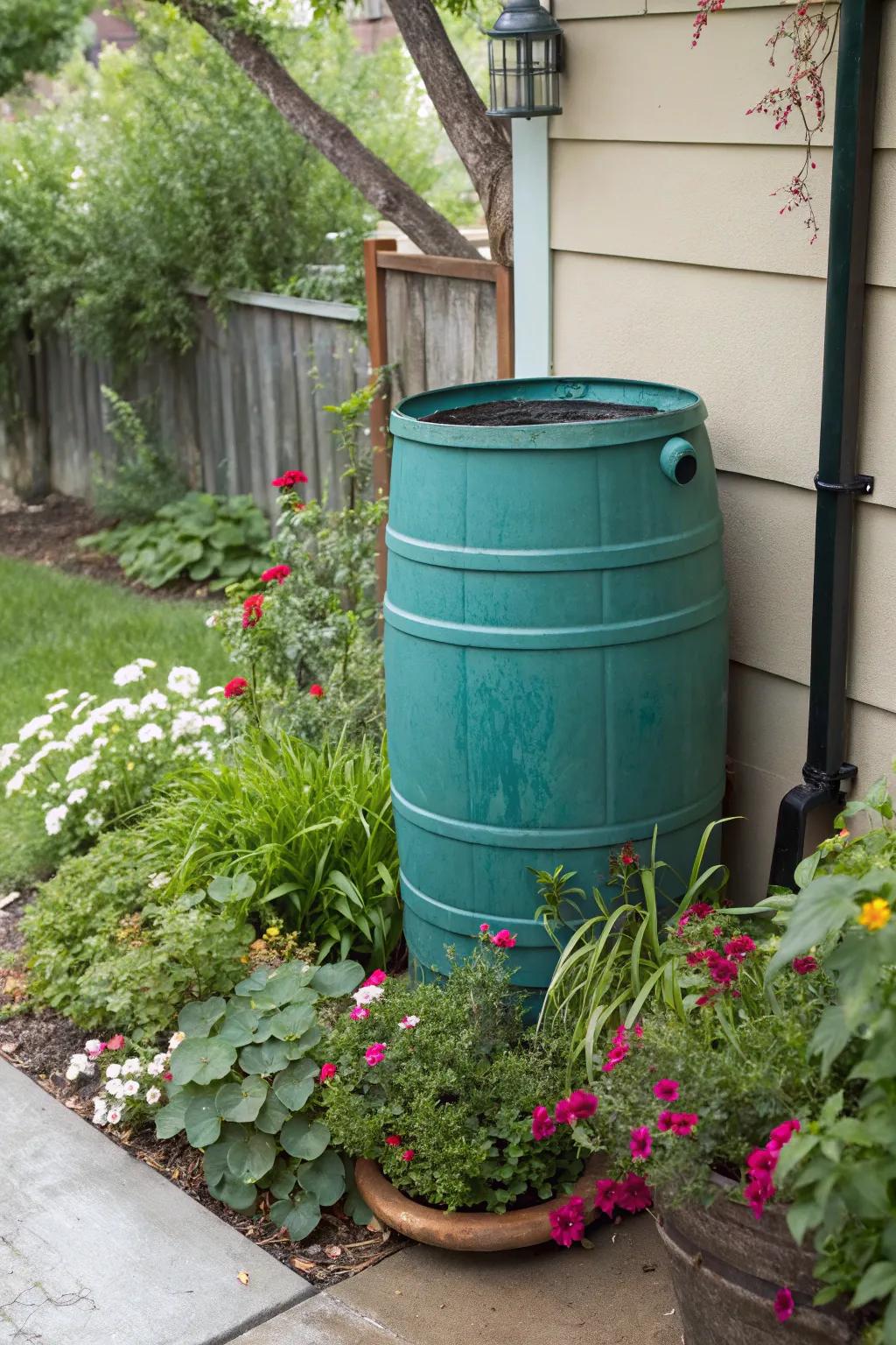 A teal-painted trash can rain barrel blends function with style.