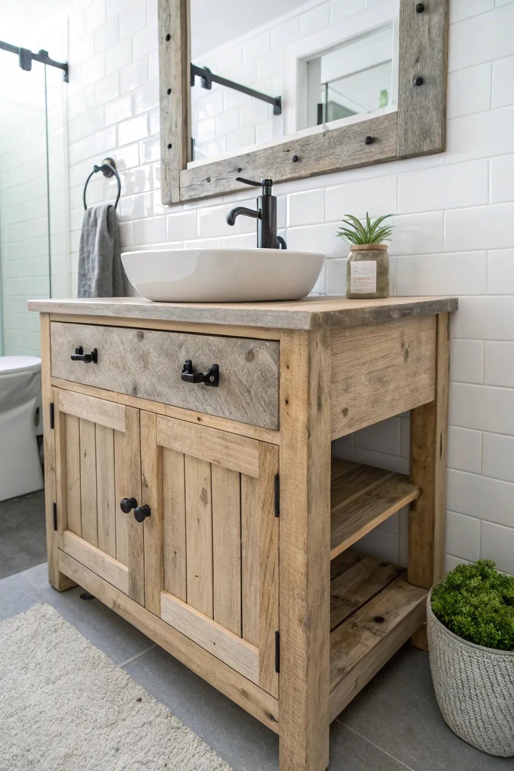 Embrace rustic elegance with a reclaimed wood vanity that adds warmth and character to your bathroom.