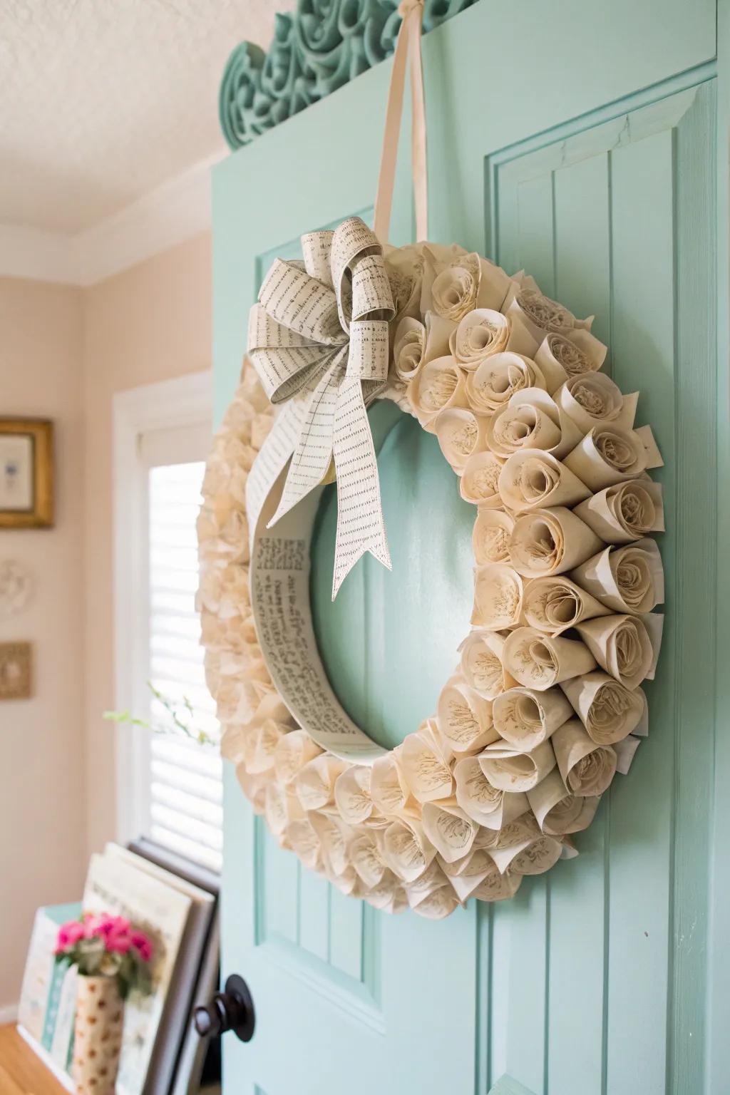 A whimsical wreath made from book pages adds a literary touch to any room.