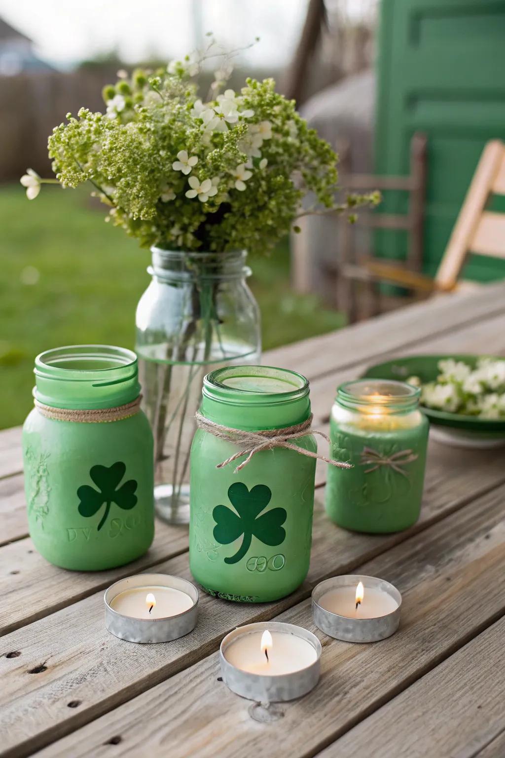 These charming shamrock mason jars add a rustic flair to any St. Patrick's Day celebration.