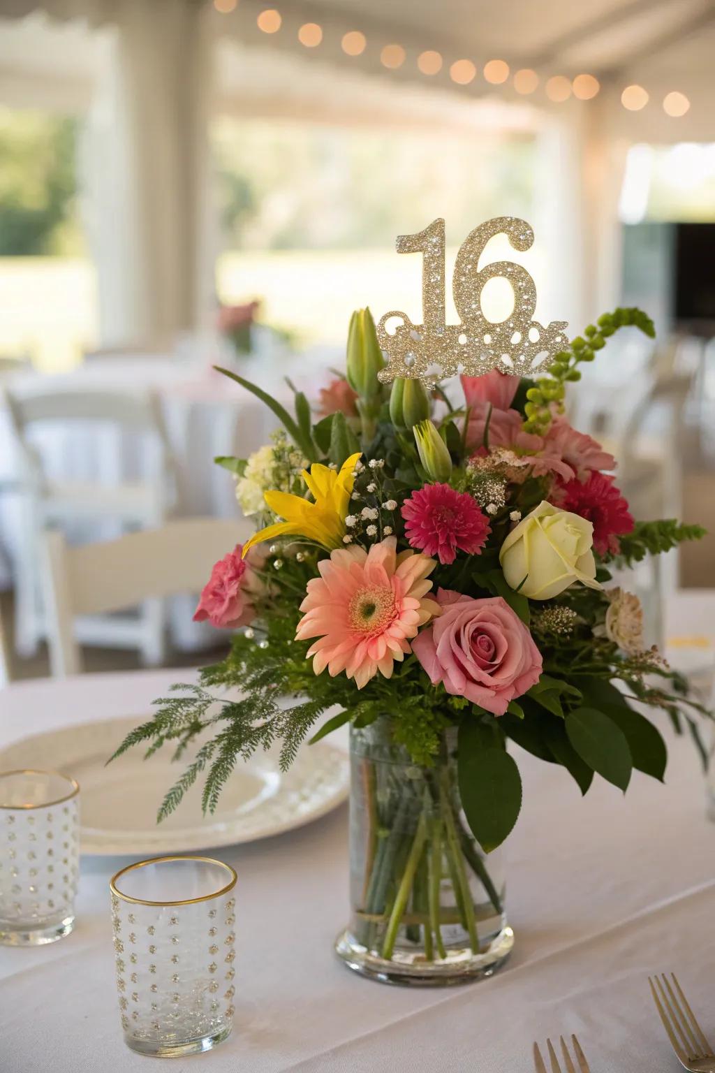 A vibrant floral centerpiece adds elegance to any sweet 16 table.