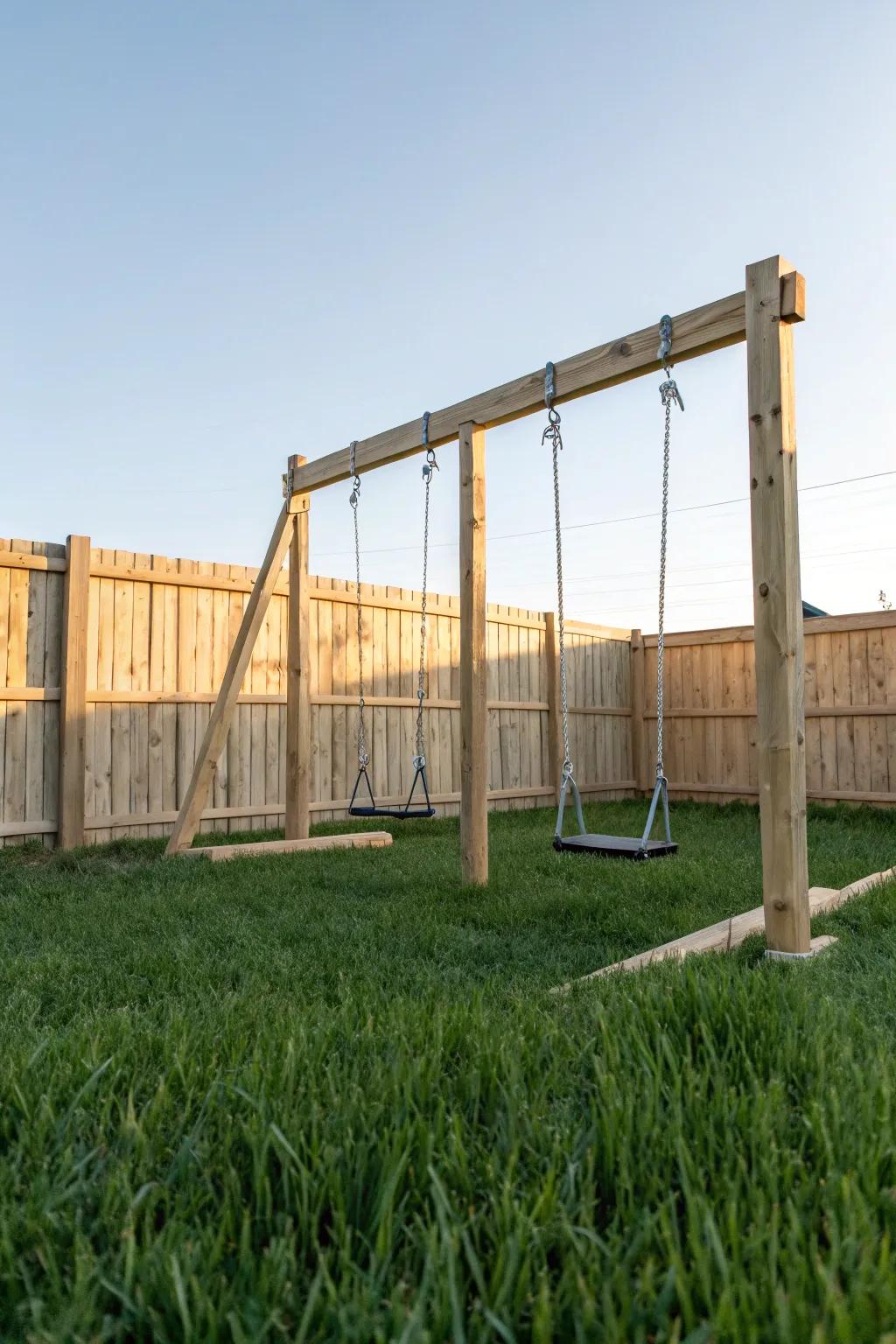 A timeless wooden frame swing set that blends seamlessly into any backyard.