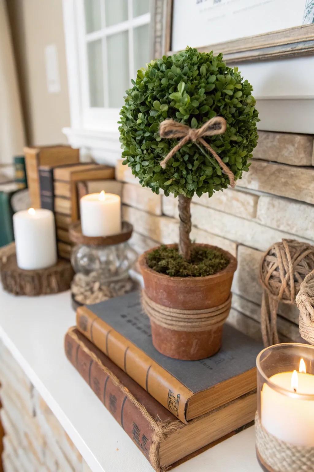 A simple faux greenery topiary adding a touch of nature to a rustic mantel.