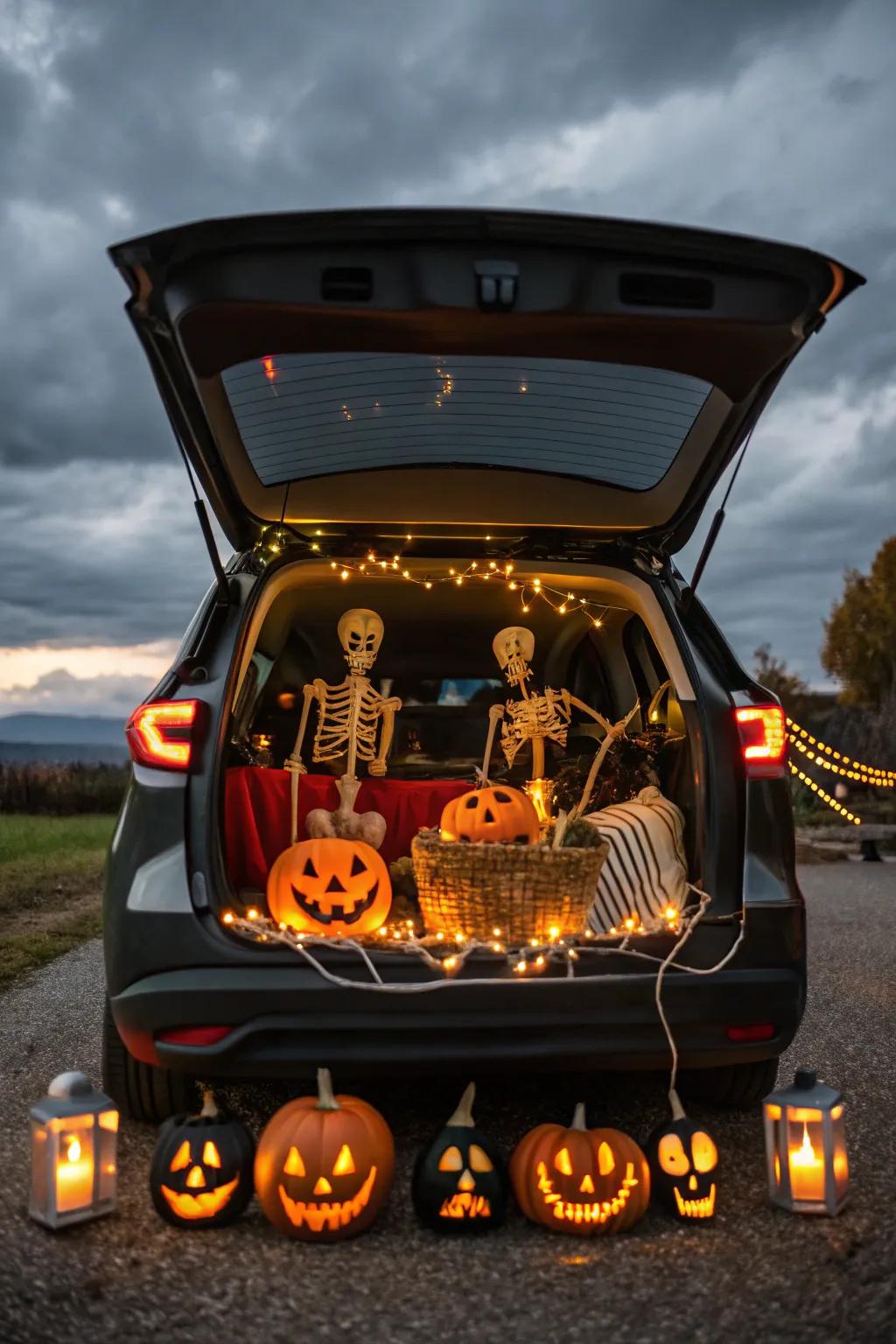 Create a bone-chilling atmosphere with a spooky skeleton setup.