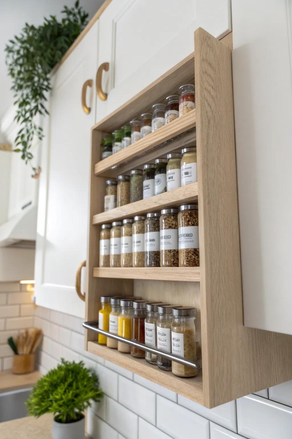 Elevate your culinary space with a beautifully crafted pull-down spice rack – where functionality meets minimalist elegance.