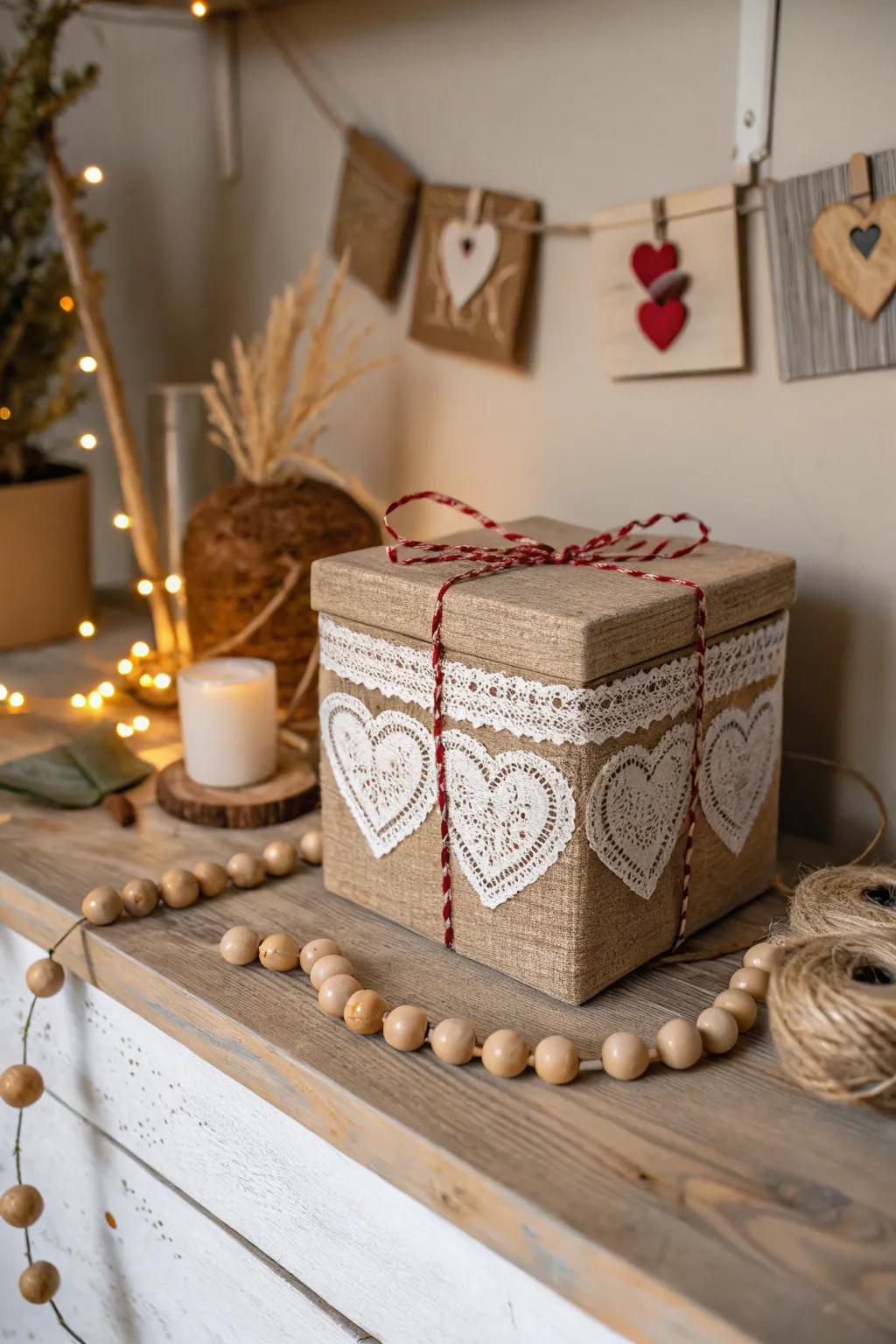 A rustic burlap box perfect for holding heartfelt messages.