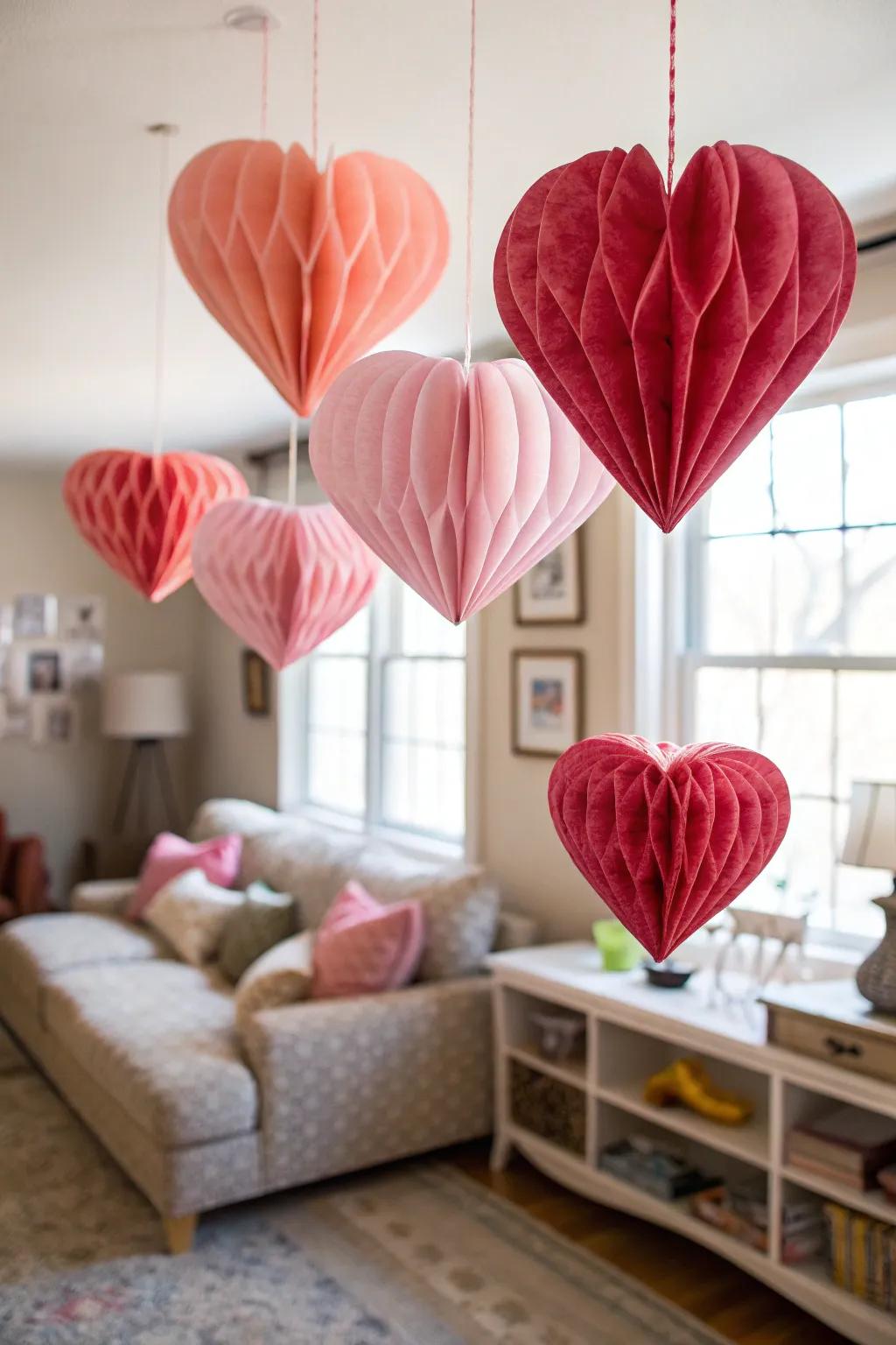 Whimsical honeycomb paper hearts add a playful touch to any room.