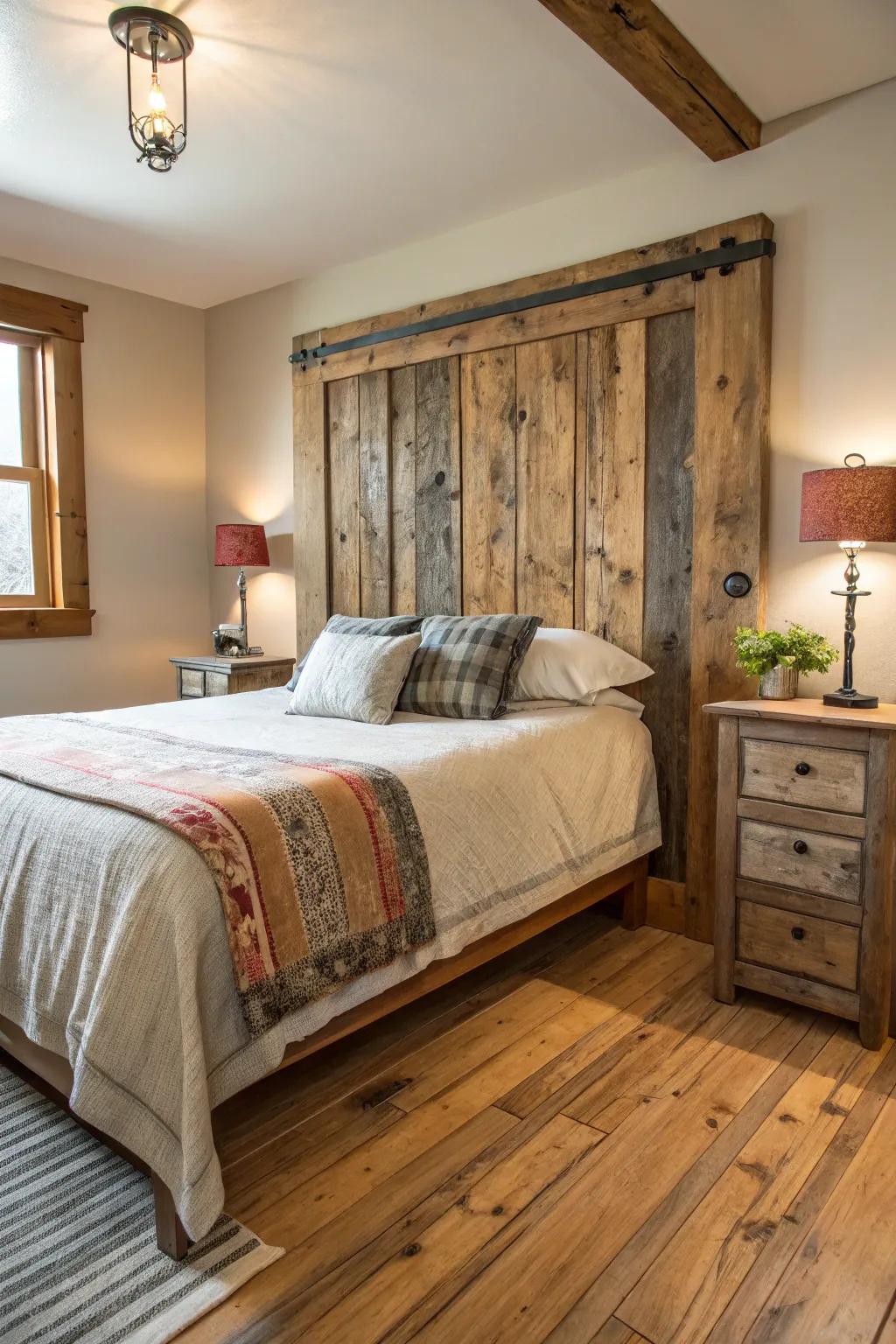 Reclaimed wood headboard: A blend of history and style.