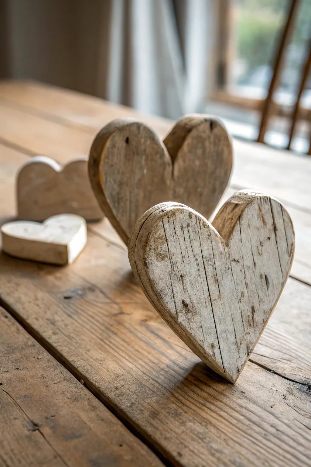 Create a cozy atmosphere with rustic distressed wooden hearts.