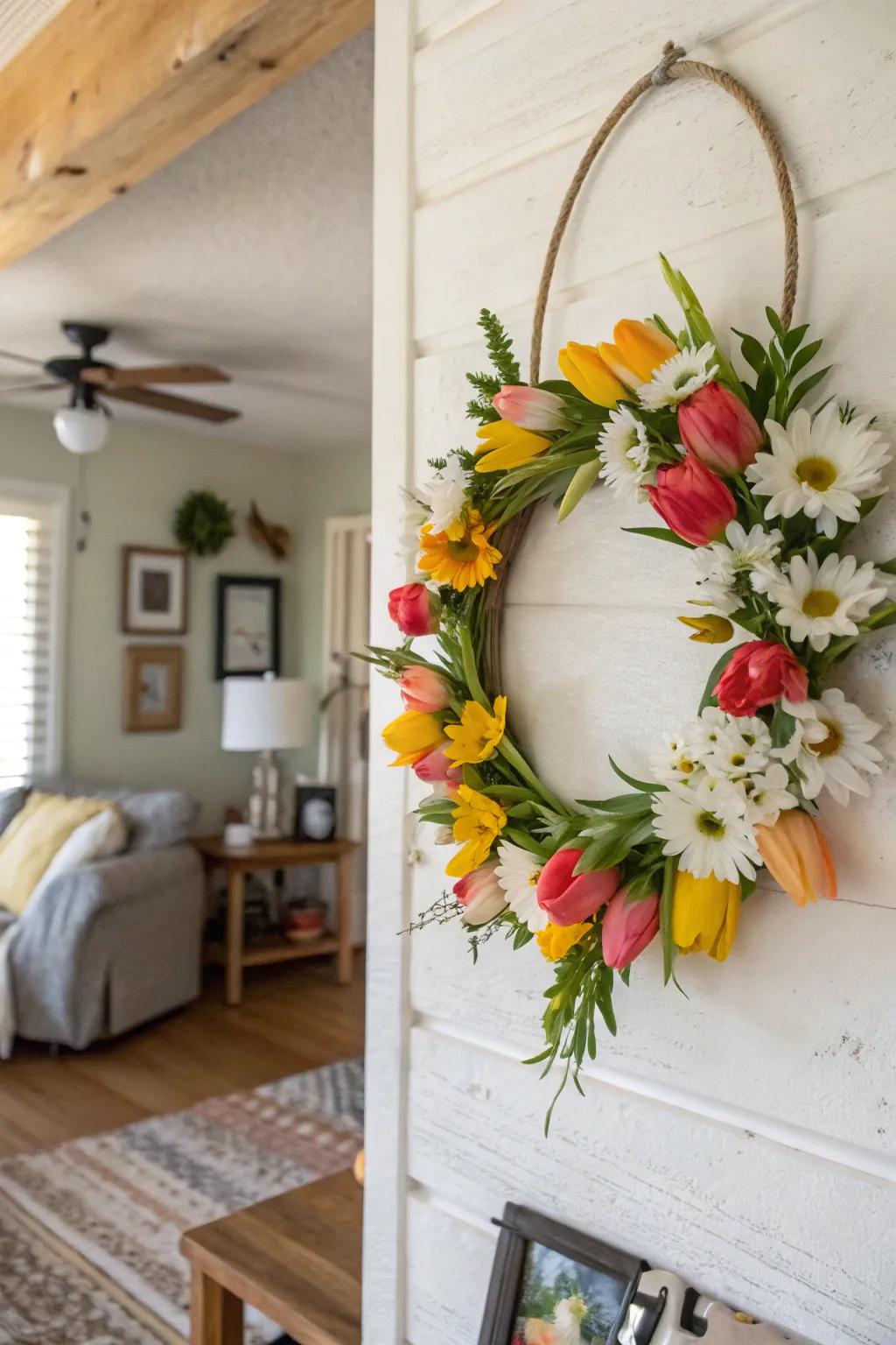 A vibrant floral hoop wreath perfect for springtime cheer.