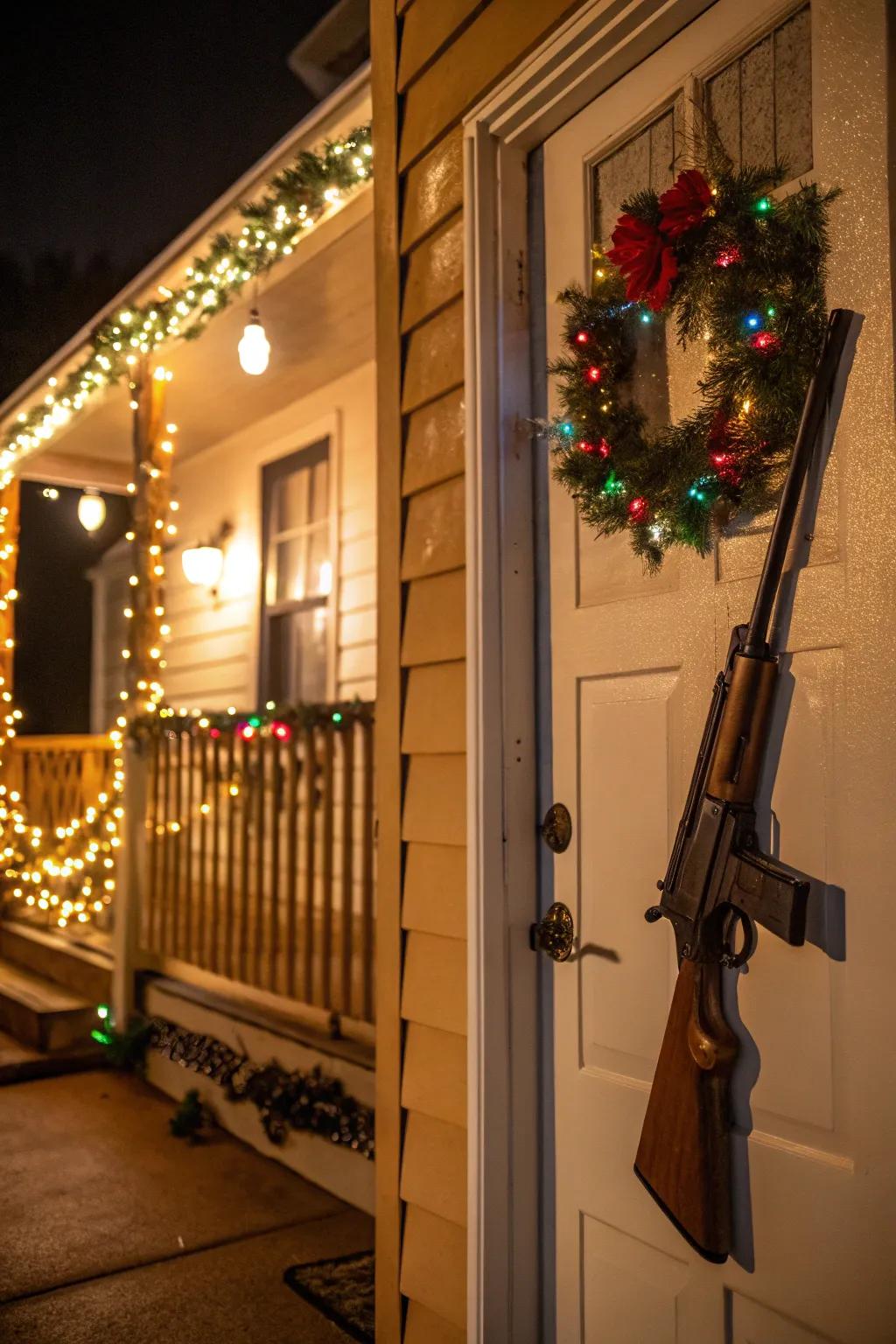 A nostalgic door featuring a vintage BB gun, inspired by classic Christmas tales.