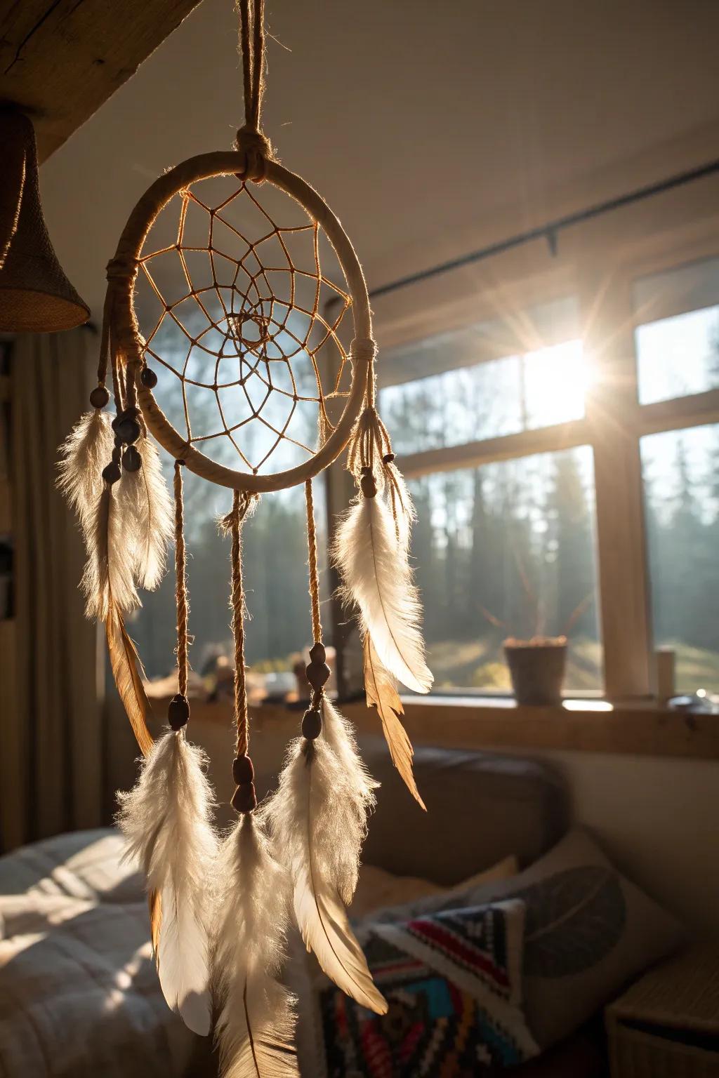 Capture the essence of nature with this rustic dream catcher made from natural materials.