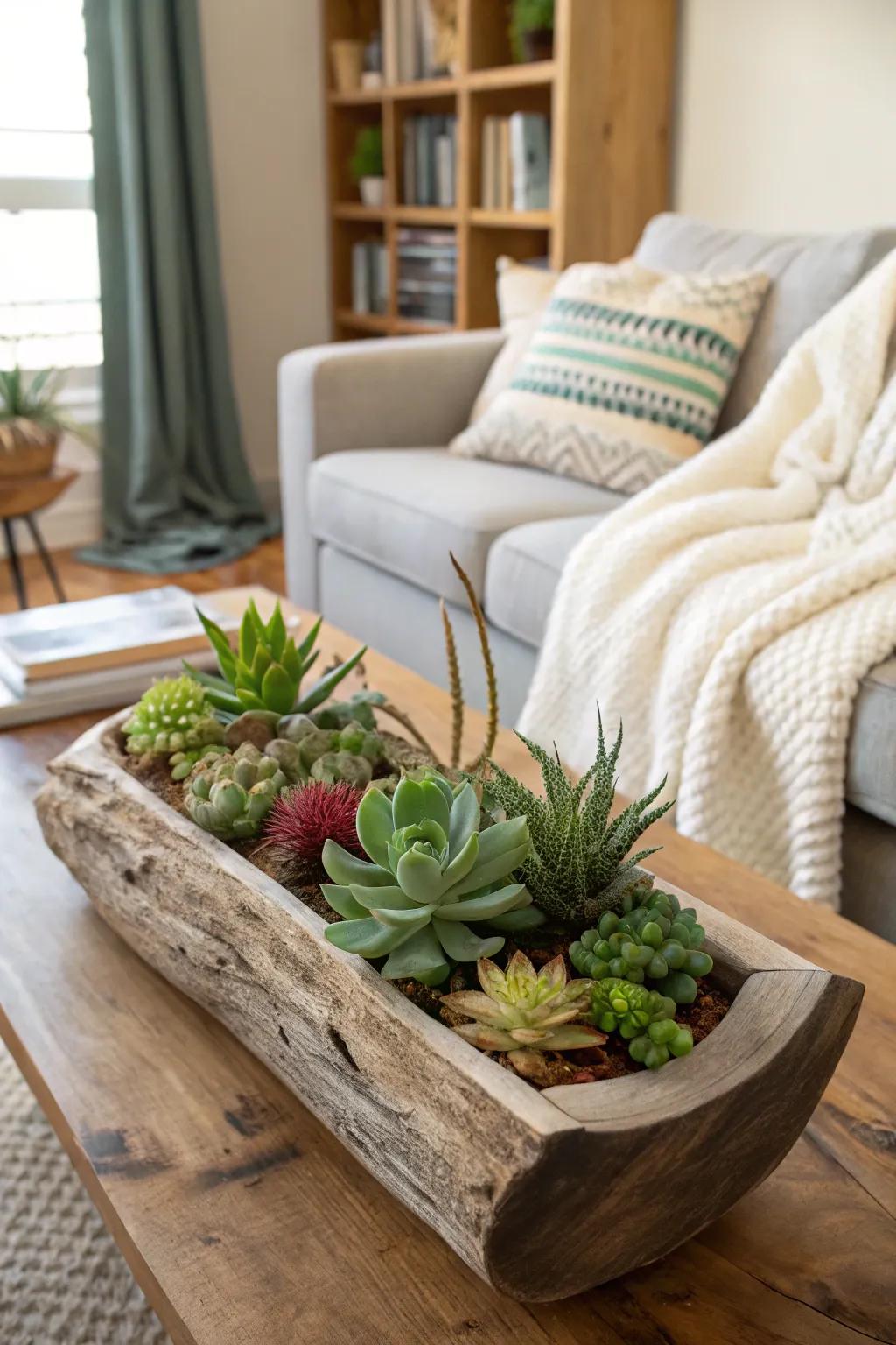 Diverse succulents nestled in a driftwood planter, adding charm to a cozy living room.