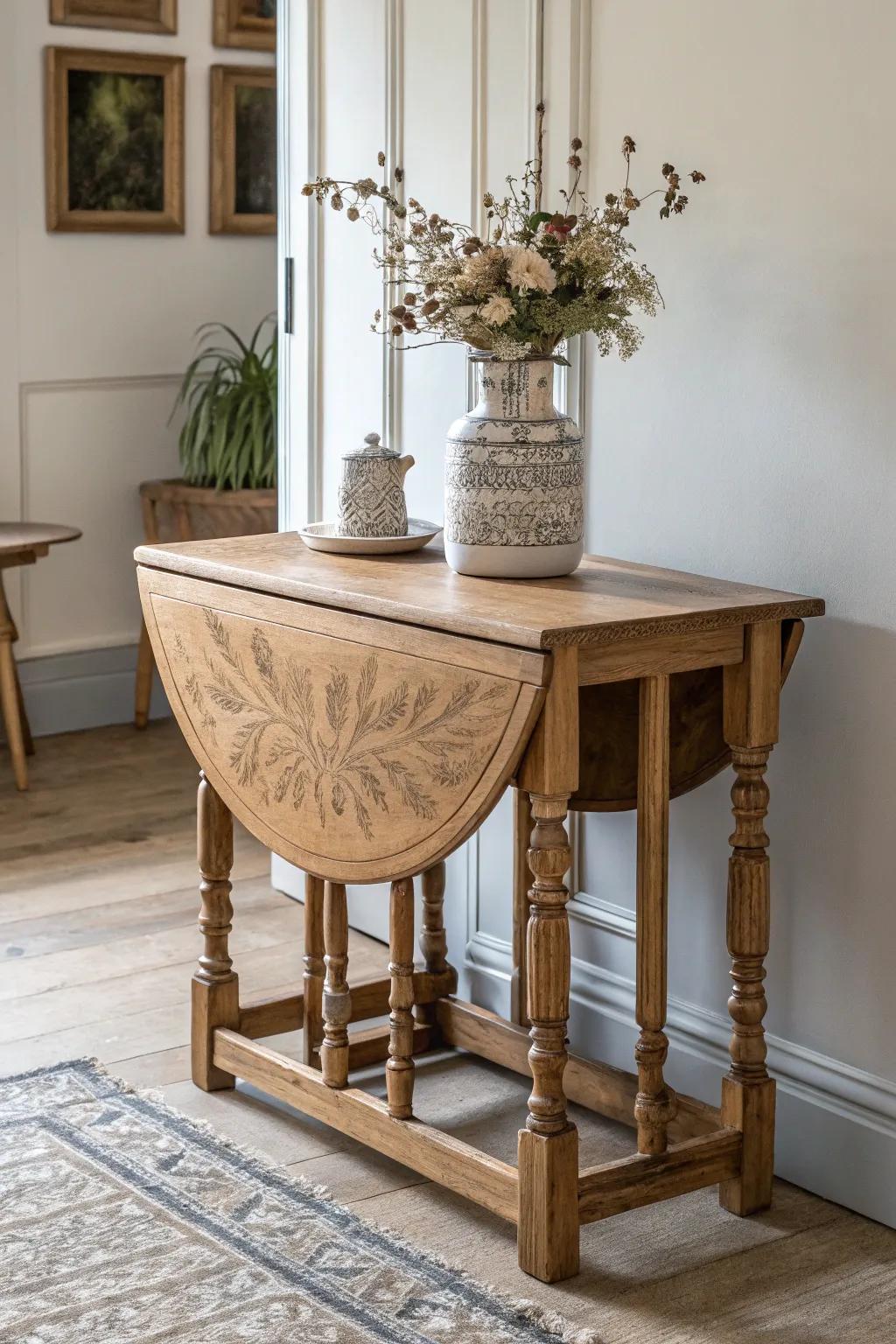 Embrace timeless elegance with the classic charm of a gateleg table, perfect for a warm, inviting entryway.