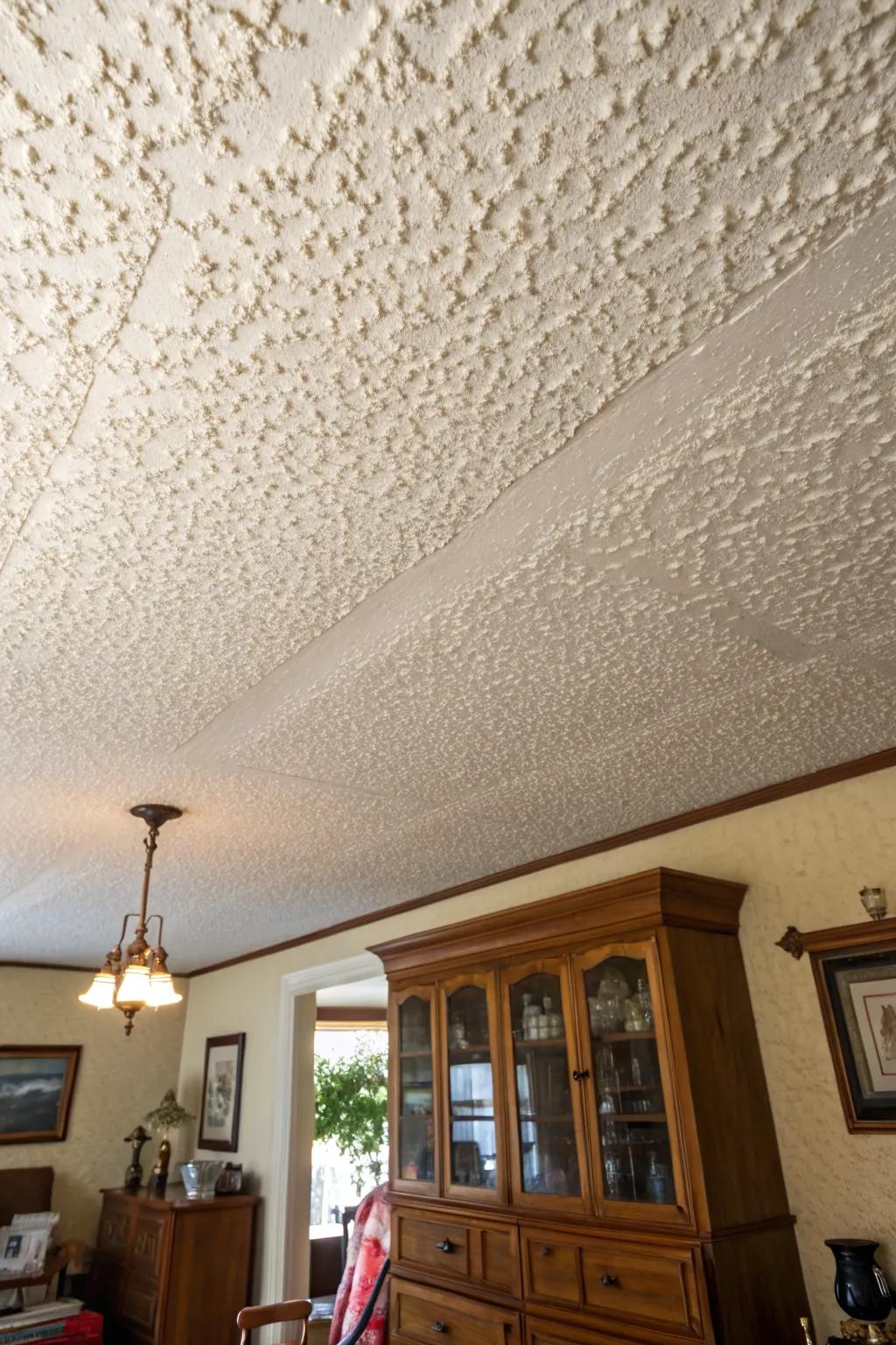 The classic popcorn ceiling texture adds a touch of nostalgia.