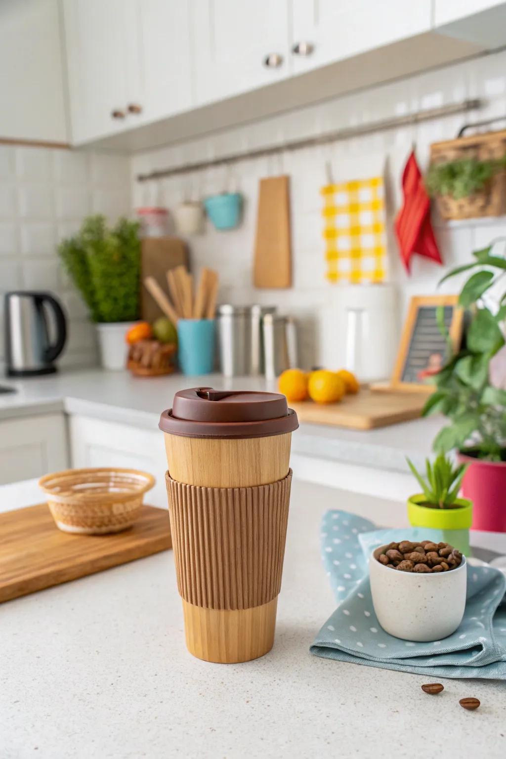 A trendy bamboo coffee cup adding an eco-friendly touch to the kitchen.