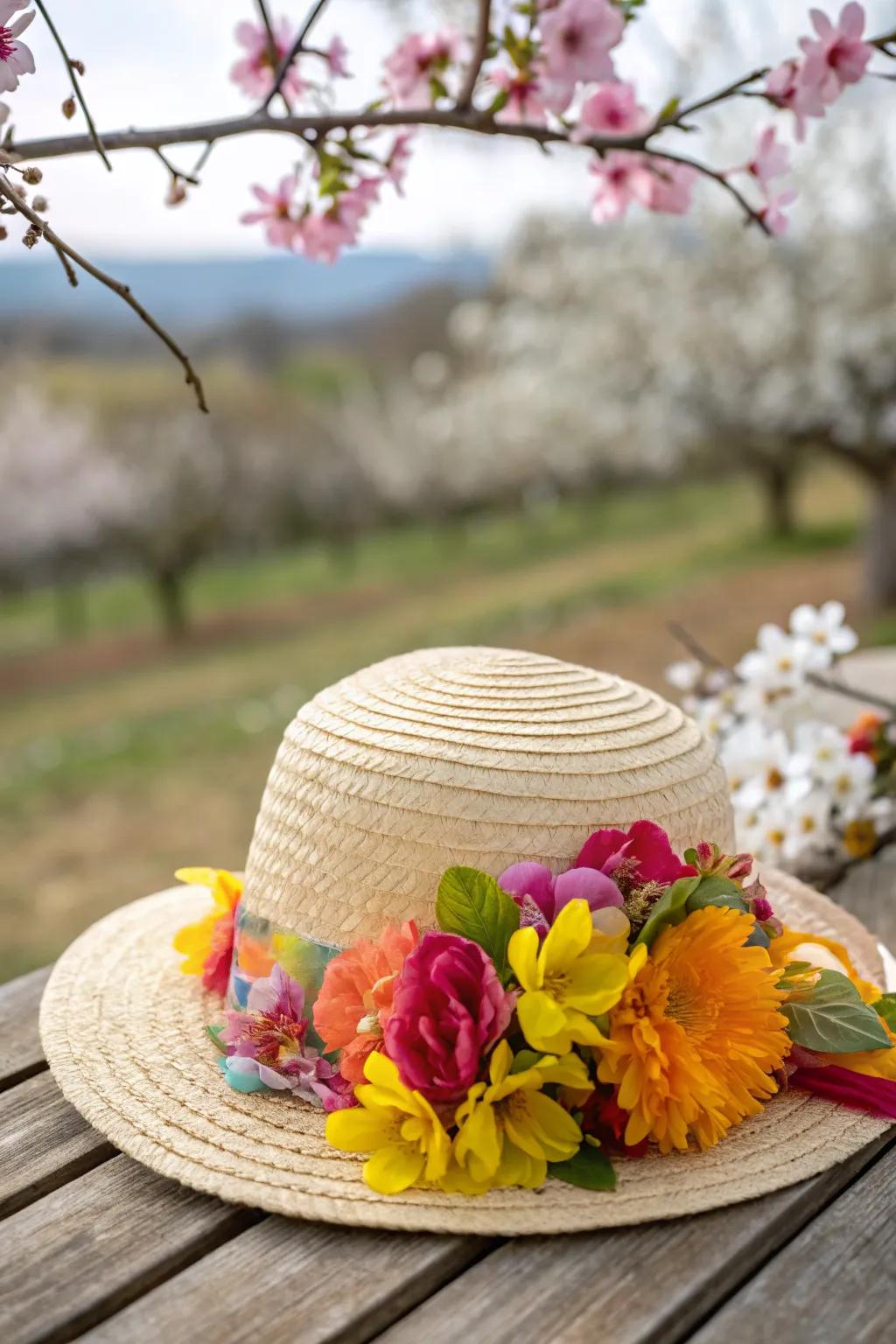 A floral fantasy Easter bonnet bursting with springtime colors.