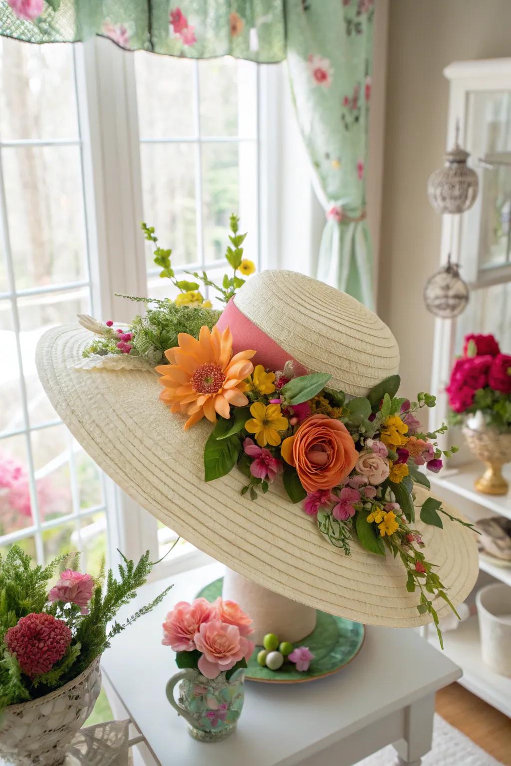 A floral fantasy hat that brings the garden to your Easter parade.