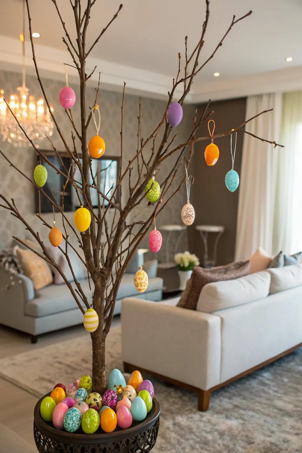 A colorful Easter tree adorned with beautifully painted eggs, bringing joy to any room.