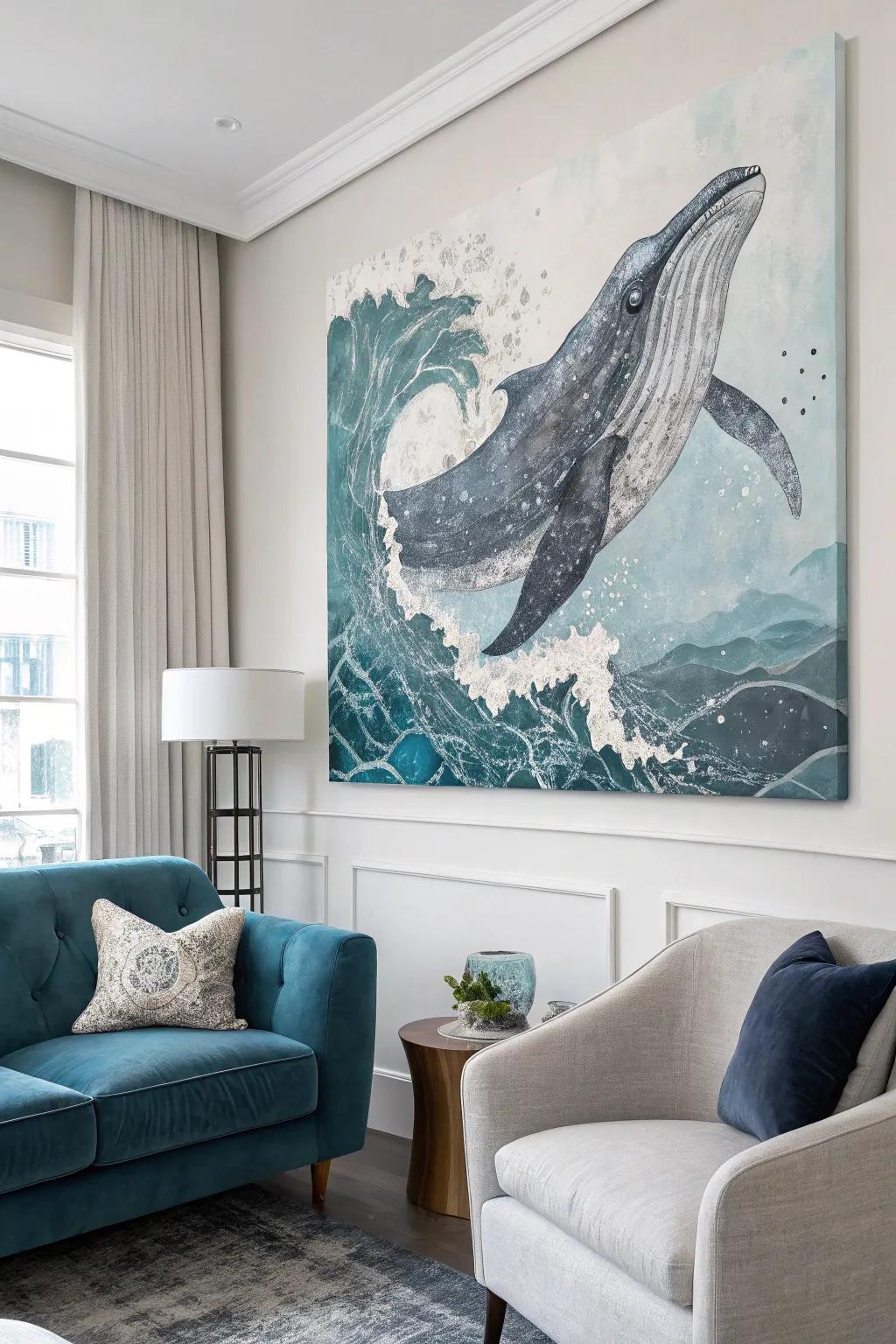 A whimsical whale painting that brings the ocean's serenity to your home.