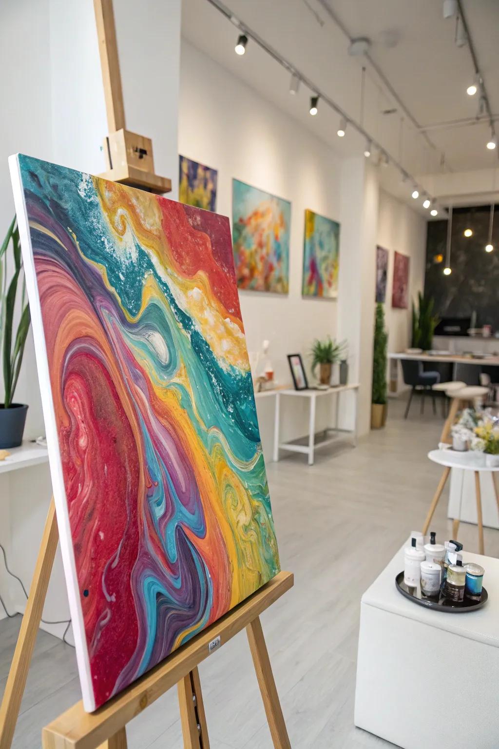 A stunning marbled acrylic paint pour canvas for a modern art studio.