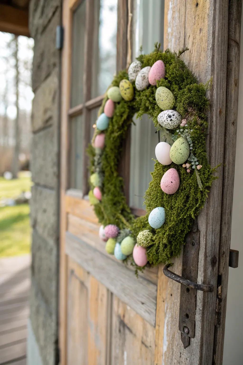 A charming blend of pastel eggs and moss for a rustic Easter wreath.