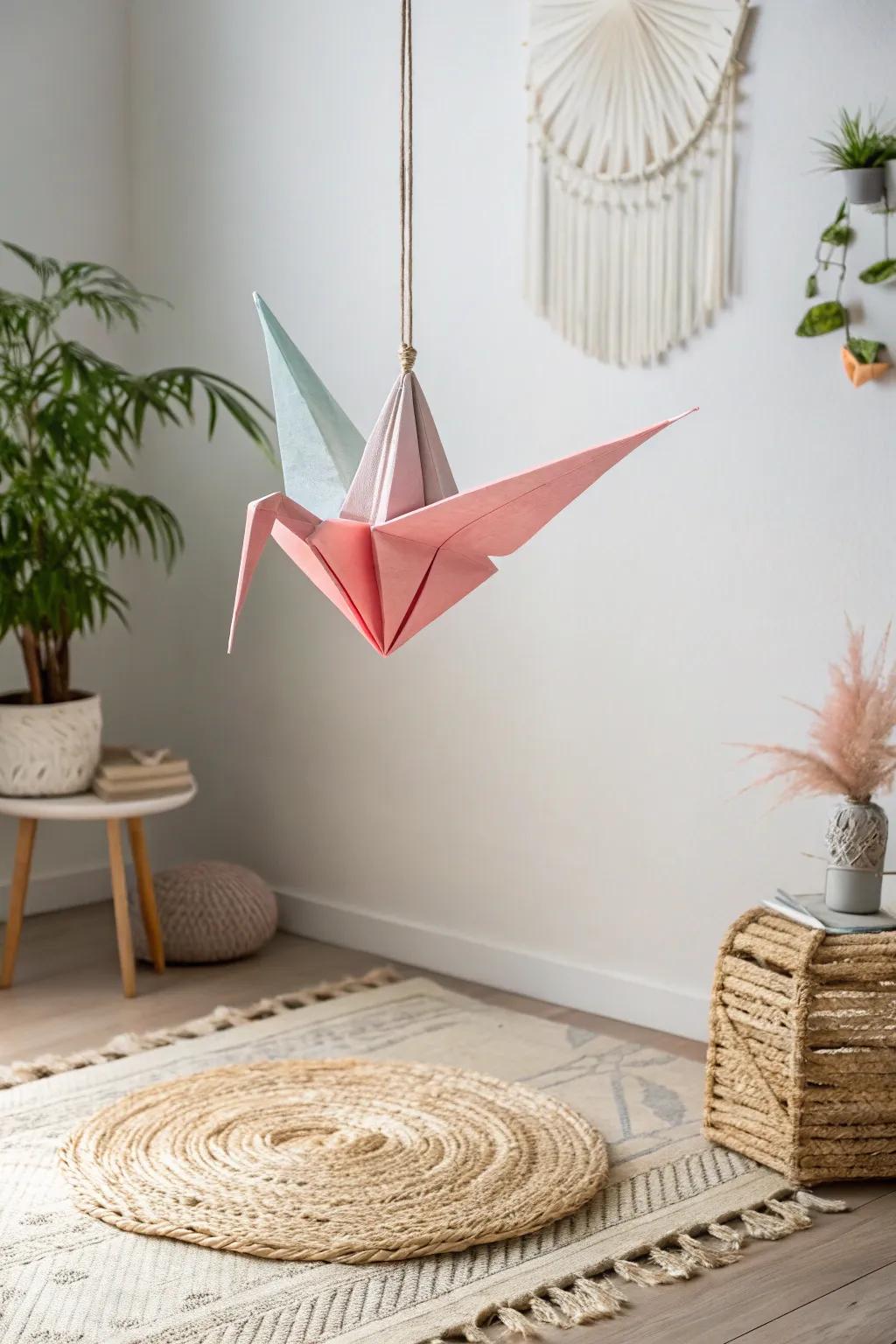 Elevate your space with a touch of artistry: A stunning origami crane installation that blends minimalism with vibrant colors.