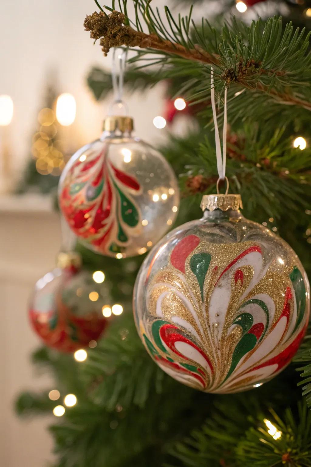 Swirled paint inside clear ornaments creates a vibrant and unique decoration.