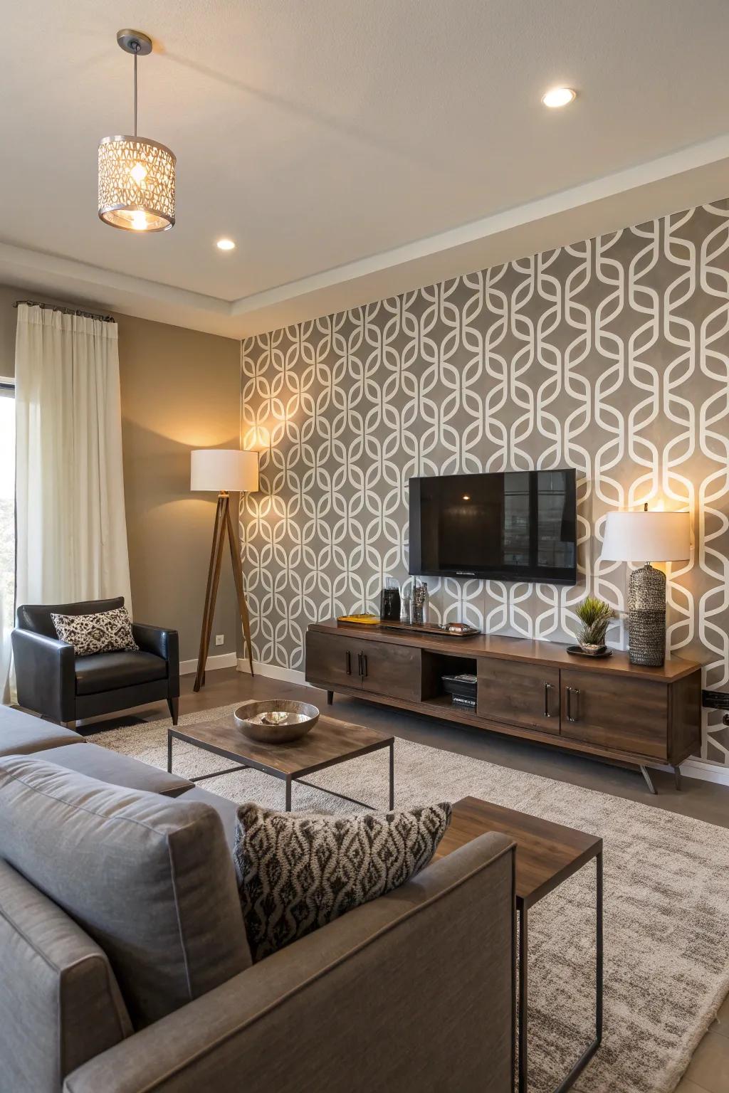 Create a striking feature wall with geometric stencil patterns.