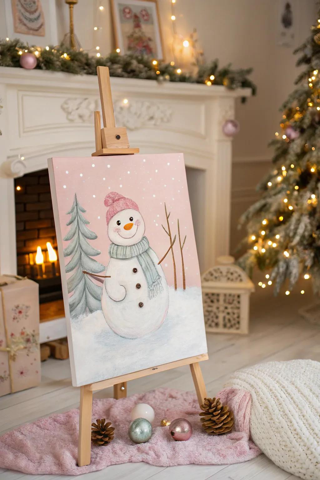 A charming snowman painting to brighten up any winter day.