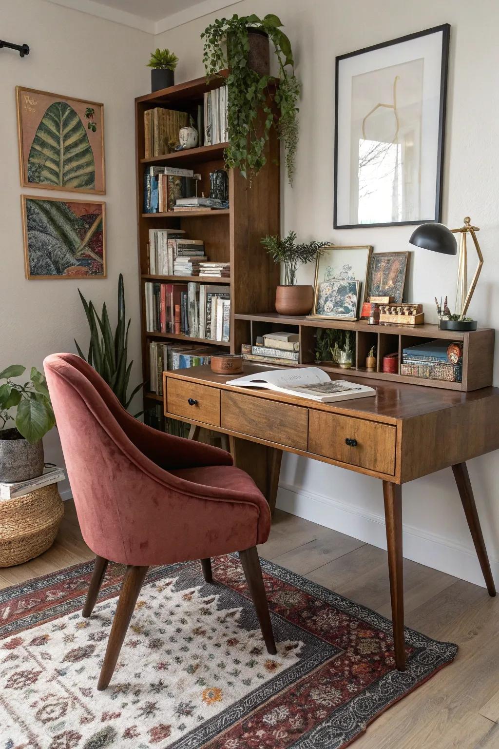 A home office blending mid-century modern and vintage furniture for an eclectic vibe.