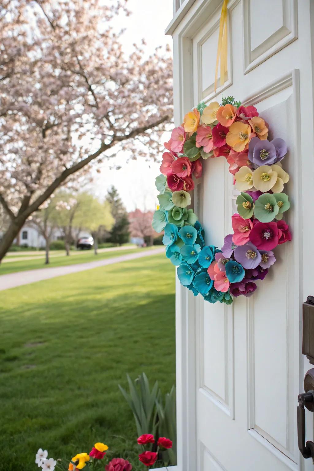 A vibrant egg carton flower wreath adds a touch of spring to your home.