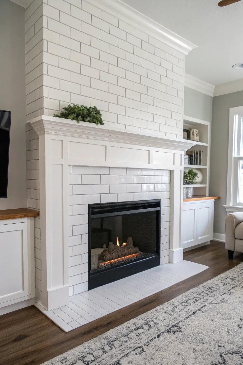 Sleek and modern: A minimalist subway tile surround for your electric fireplace.