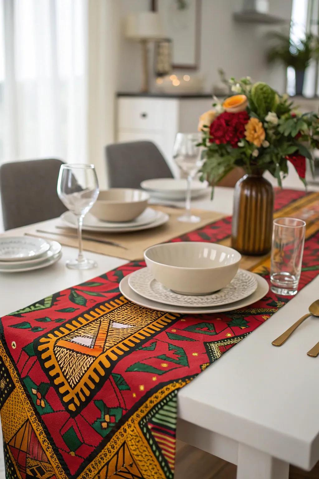 A bold textile runner brings color and culture to your dining table.