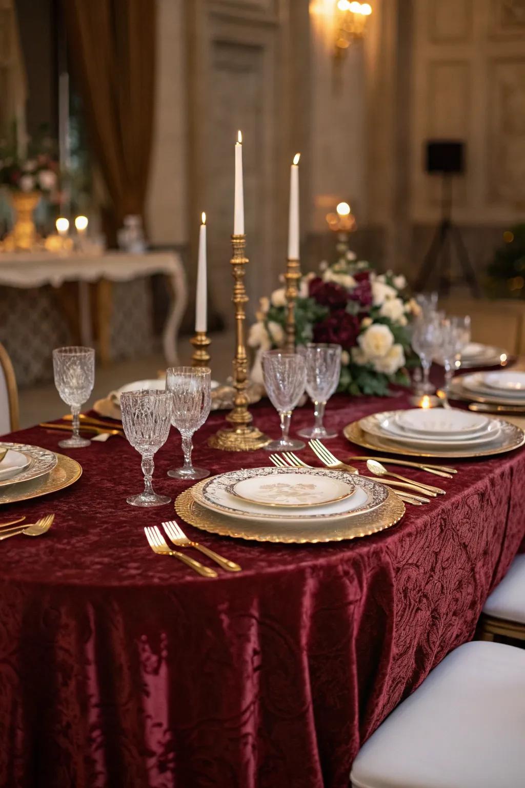 An elegant table setting featuring rich velvet tablecloths perfect for a black tie event.