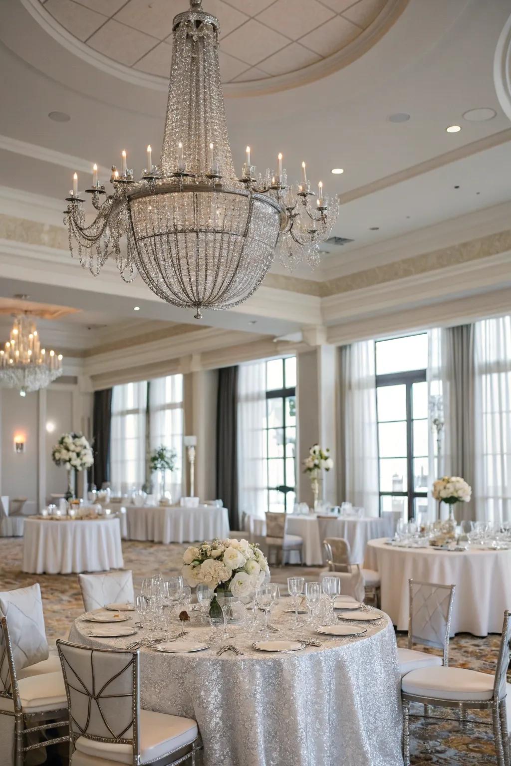 A magnificent silver chandelier adds a touch of elegance.