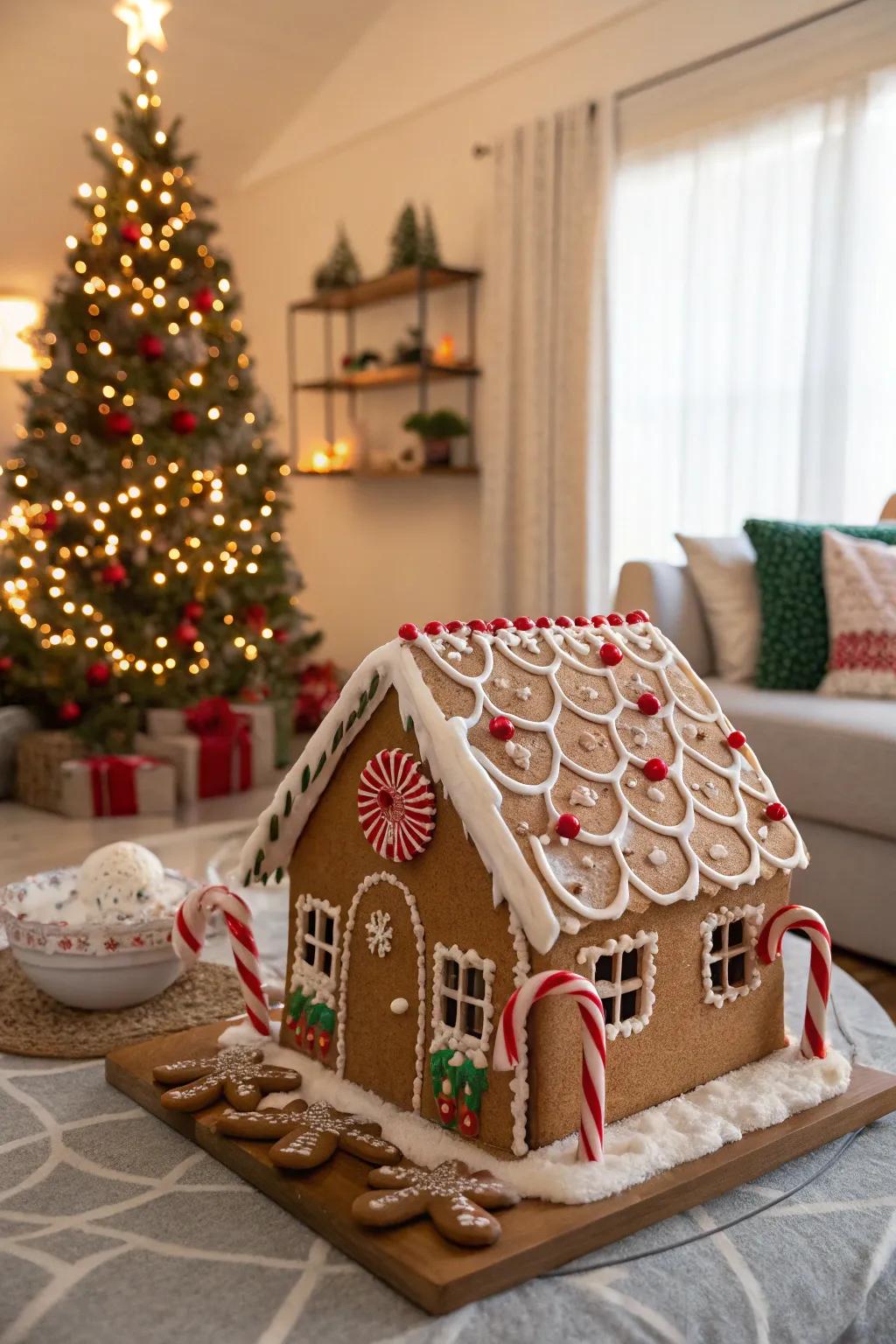 A classic gingerbread house with a playful elf twist.