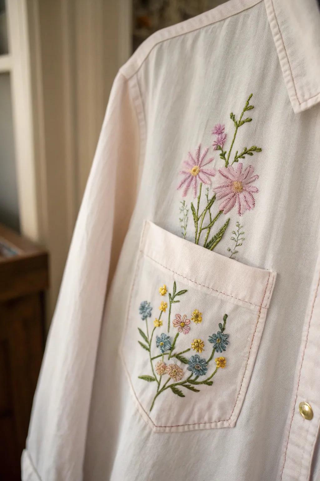 Delicate floral embroidery on a shirt pocket.