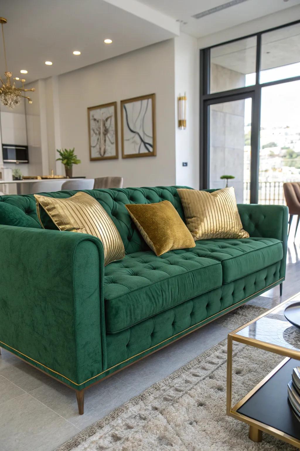 A stunning emerald green velvet sofa with gold throw pillows.