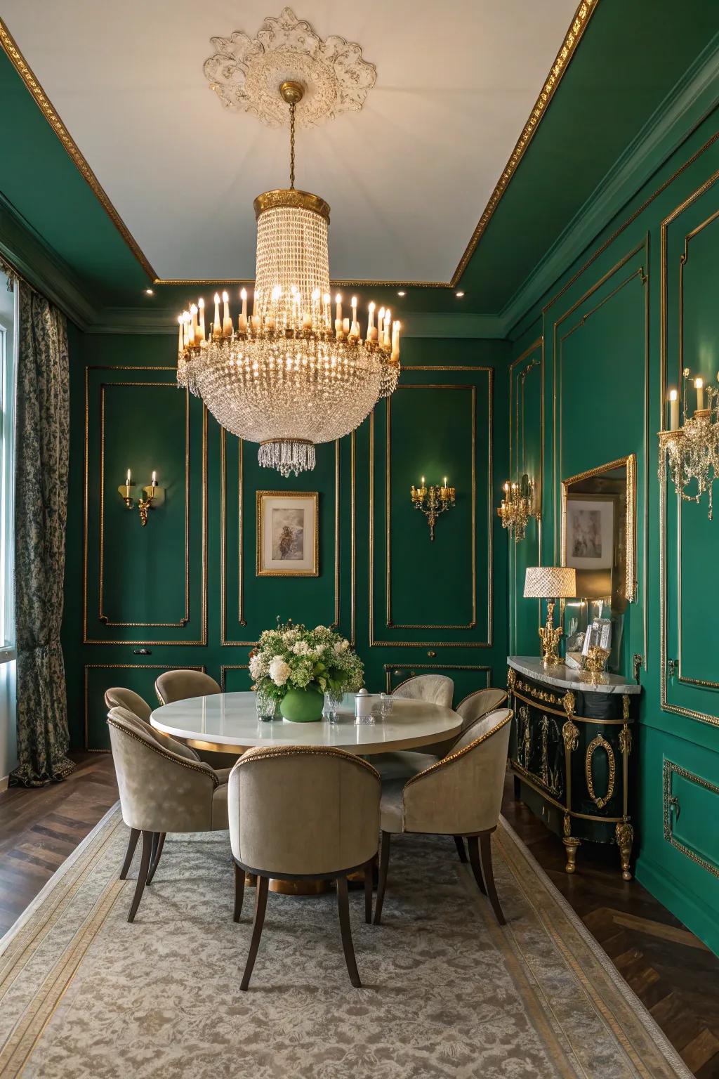 Gold accents add a touch of luxury to emerald green dining rooms.