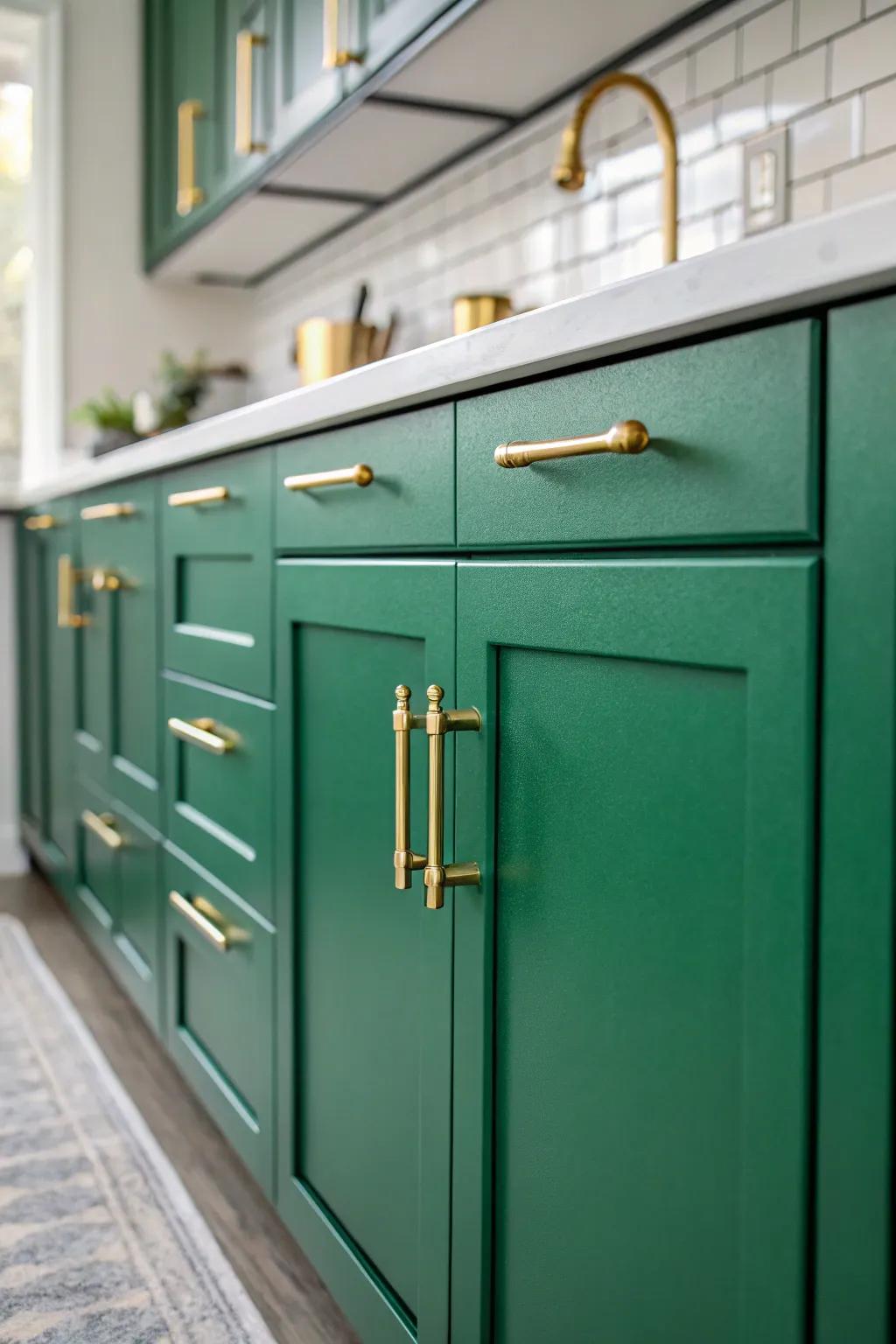 Emerald green cabinets beautifully complemented by gold hardware, creating a luxurious kitchen environment.