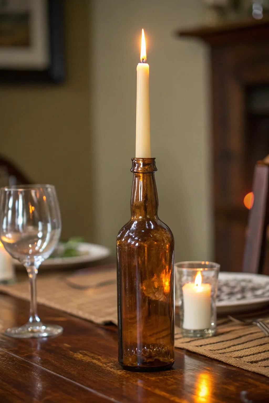 Transform your space with charming bourbon bottle candle holders, perfect for adding a warm, handcrafted touch.