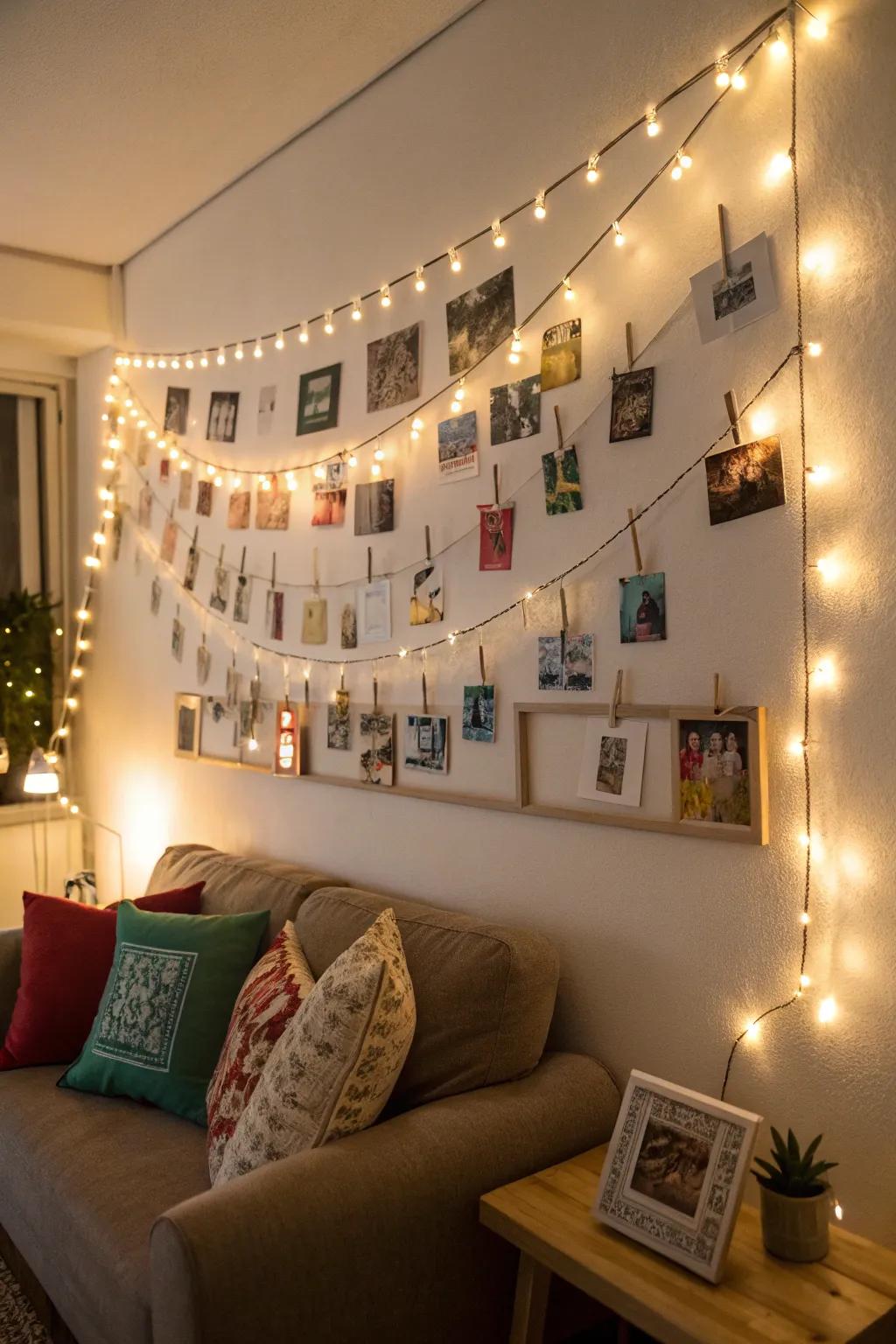 A beautiful memory lane bulletin board adorned with photos and string lights.