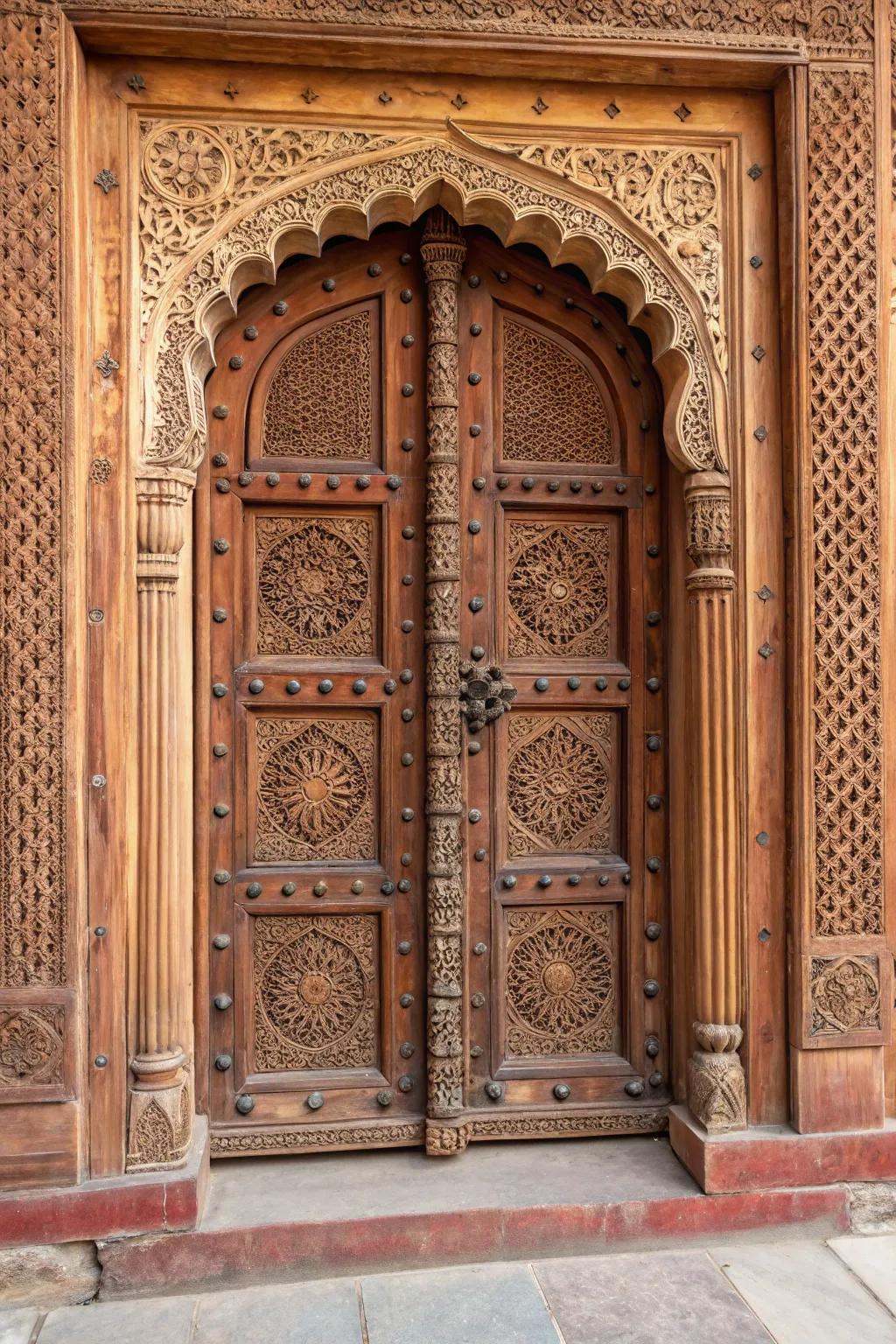 An intricately carved wooden door, a hallmark of Indian home entrances.