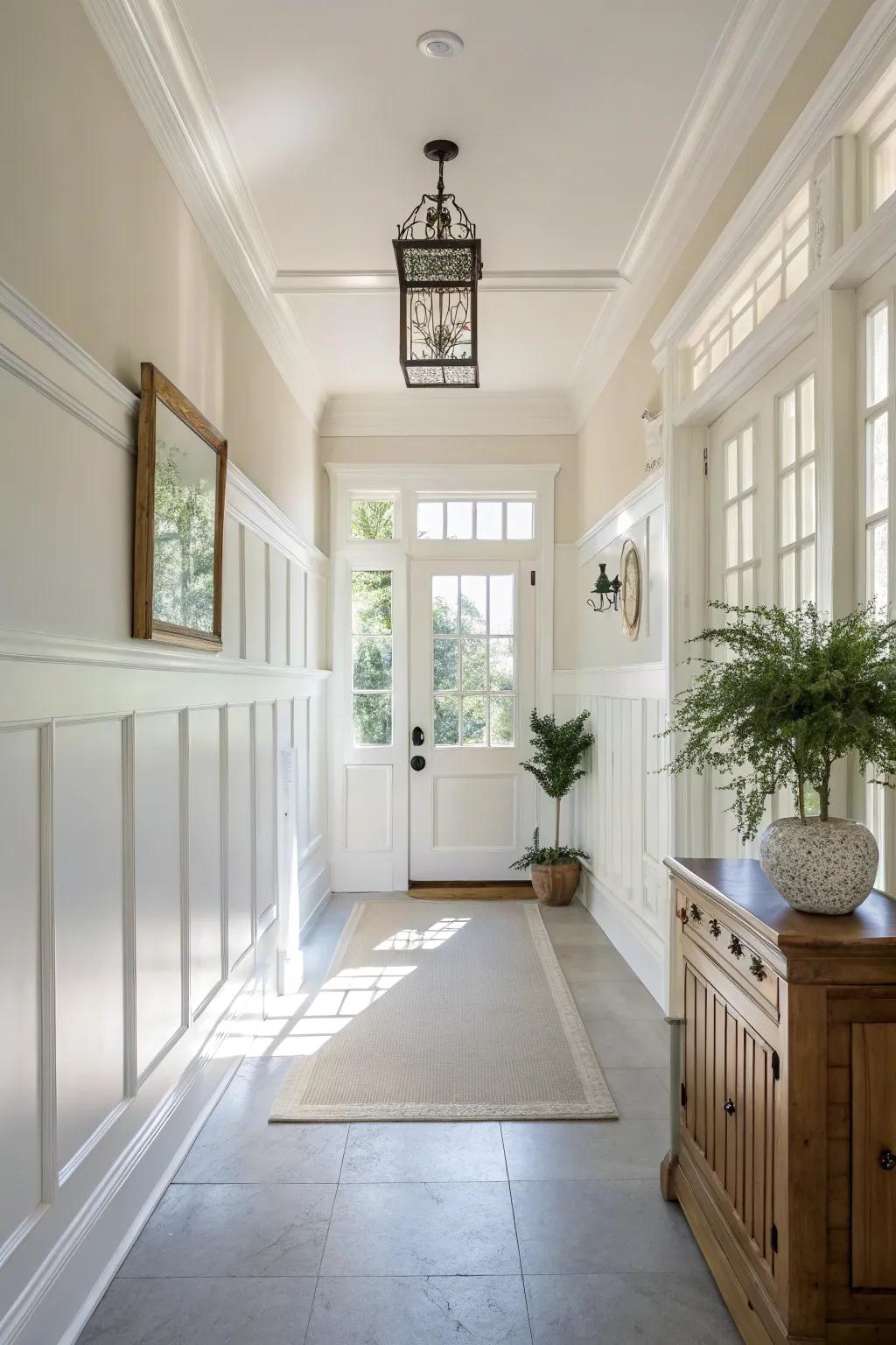 Classic white wainscoting offers a timeless and versatile look.