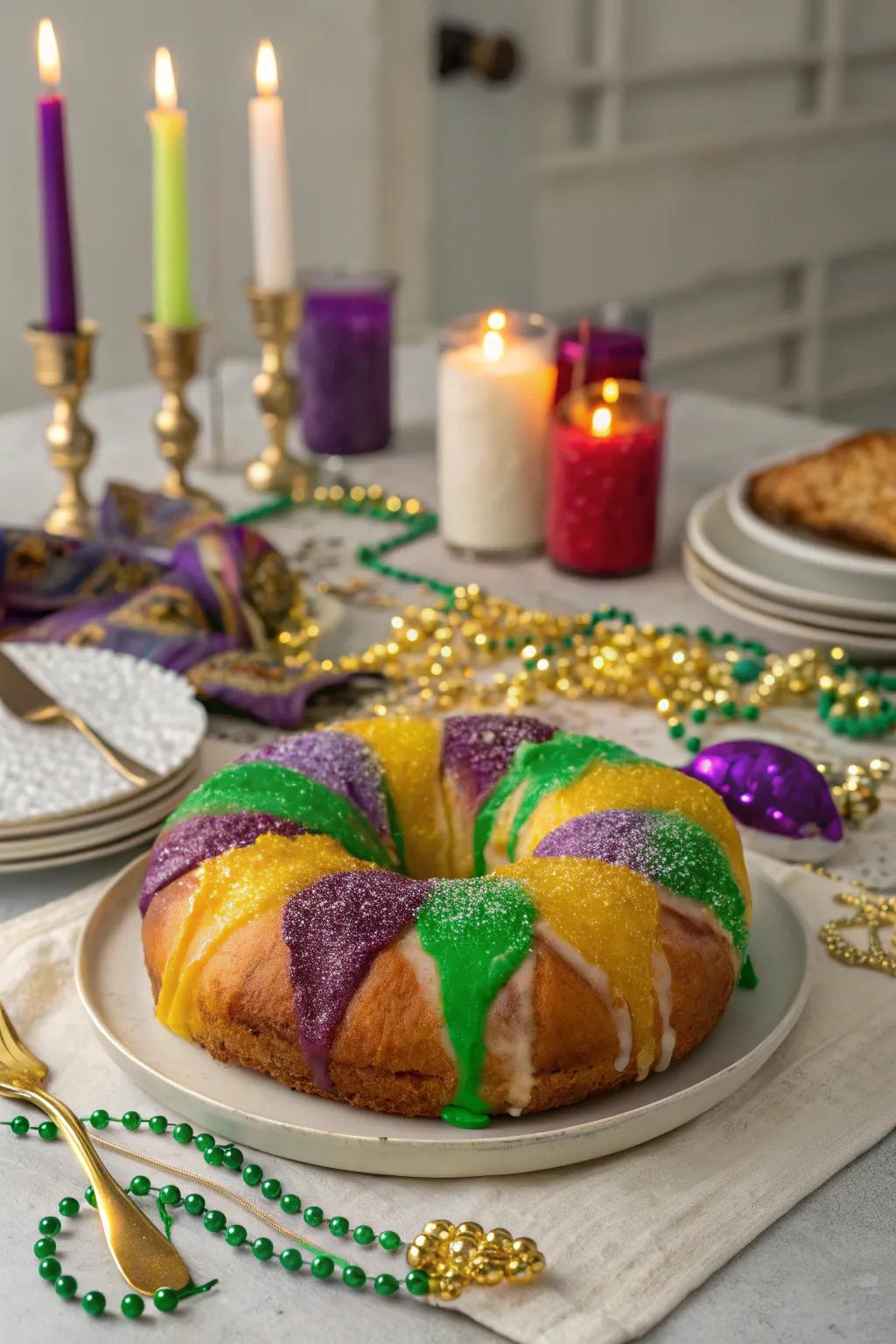 A stunning King Cake crowned with vibrant decorations sets the tone for the celebration.