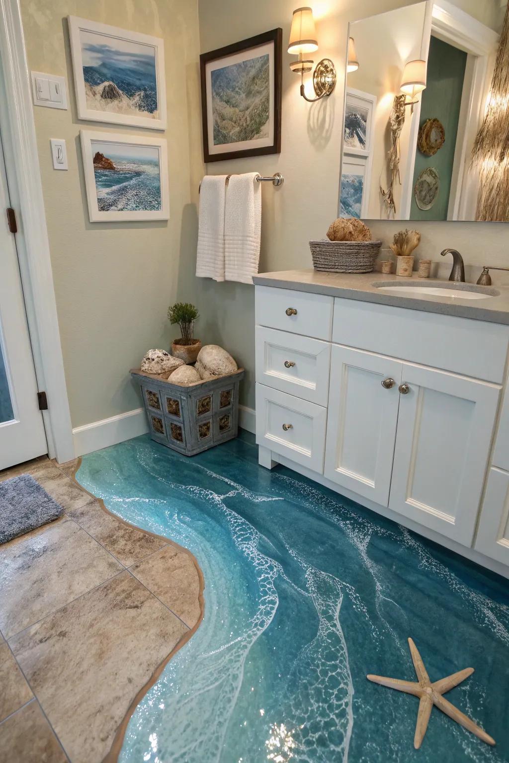 Ocean-inspired epoxy floor creating a tranquil bathroom retreat.