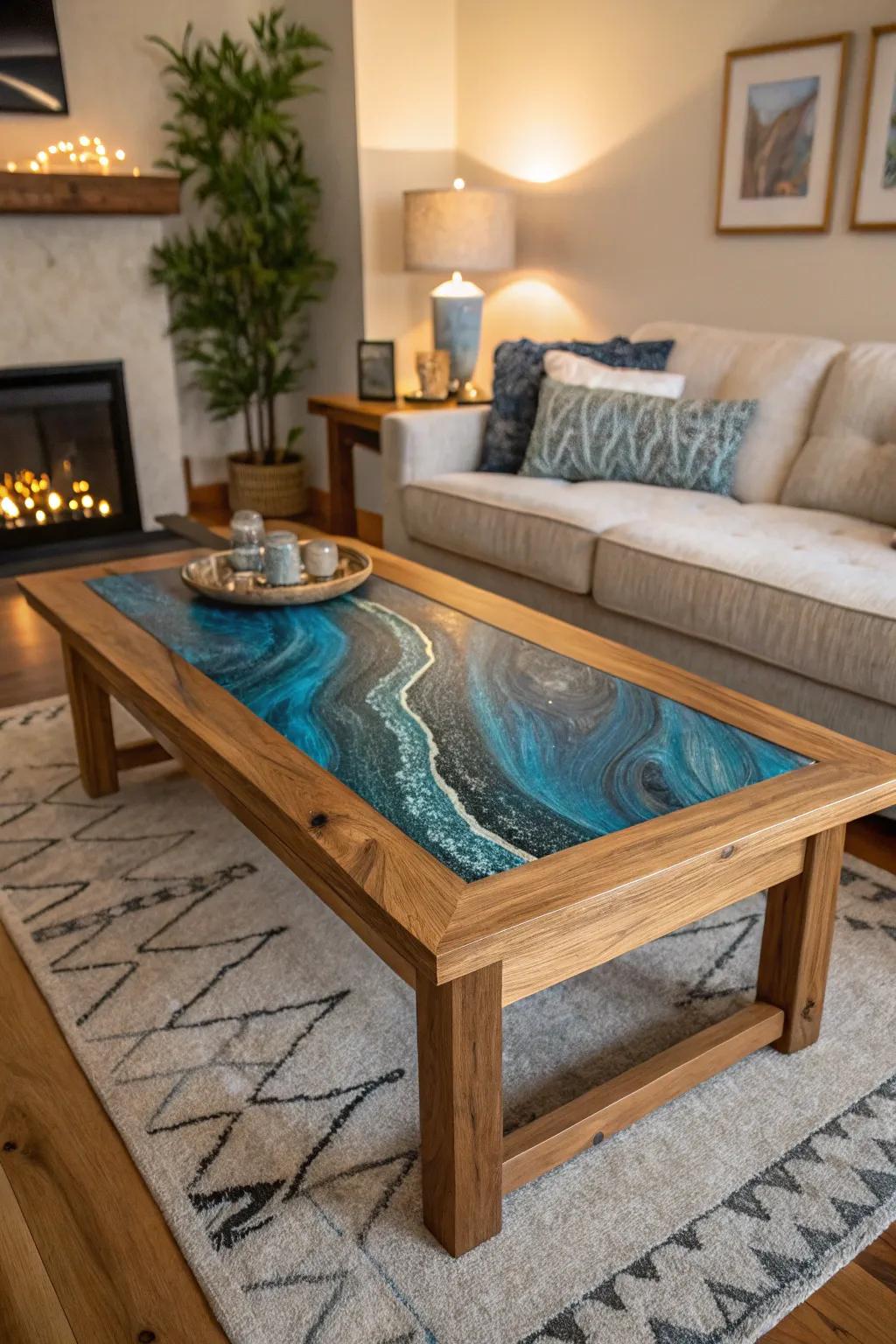 Blue epoxy inlay coffee table, adding a unique touch to the living room.