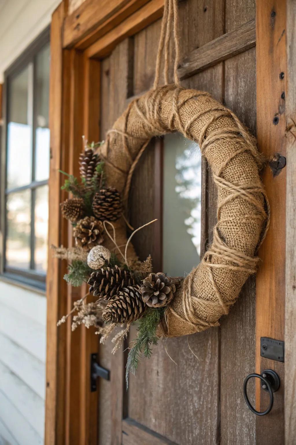 A rustic wreath with burlap and twine adds charm to your home.